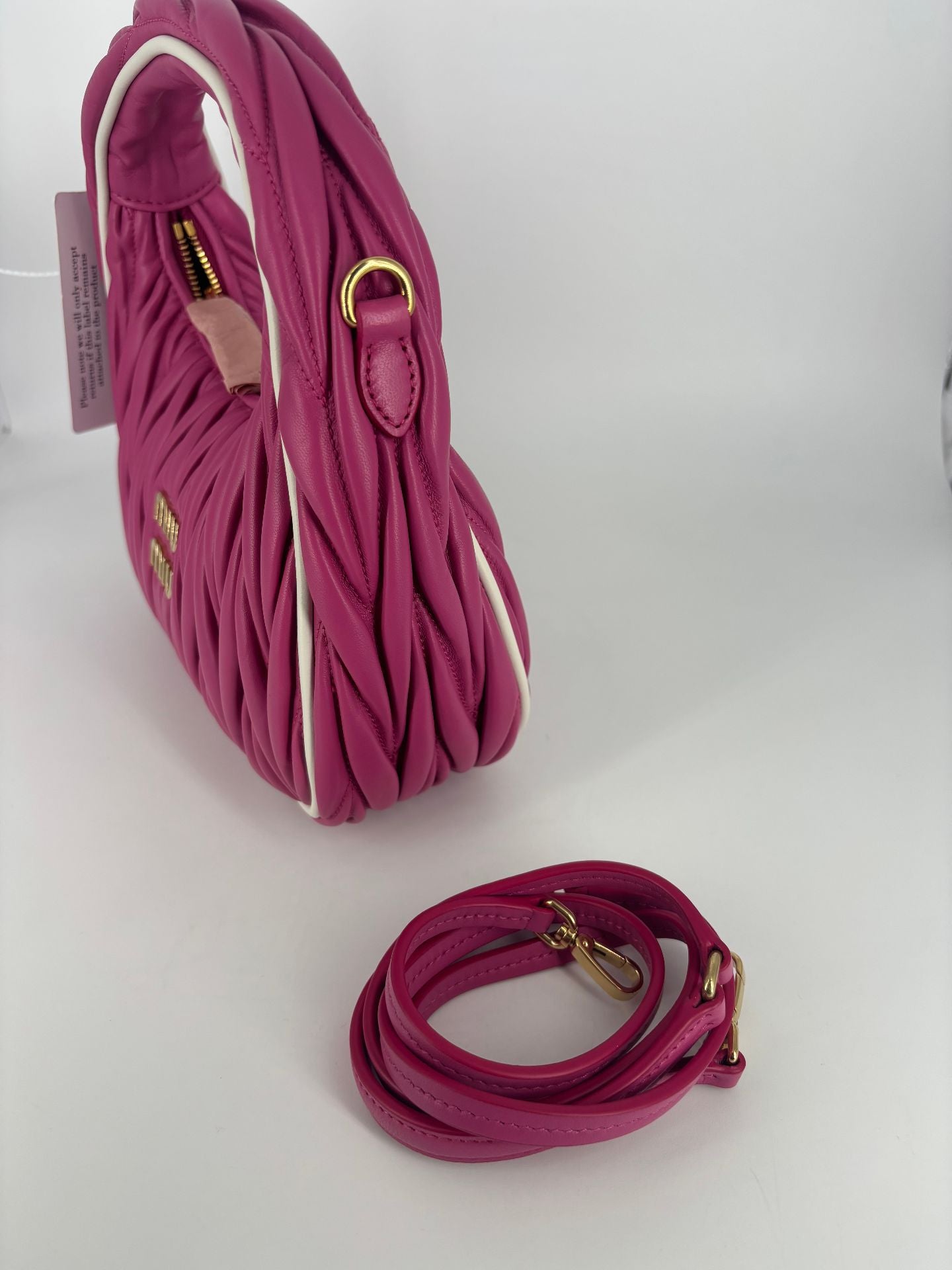 Miu Miu Wander cuir nappa matelassé rose fuchsia bords ivoire – Neuf-6
