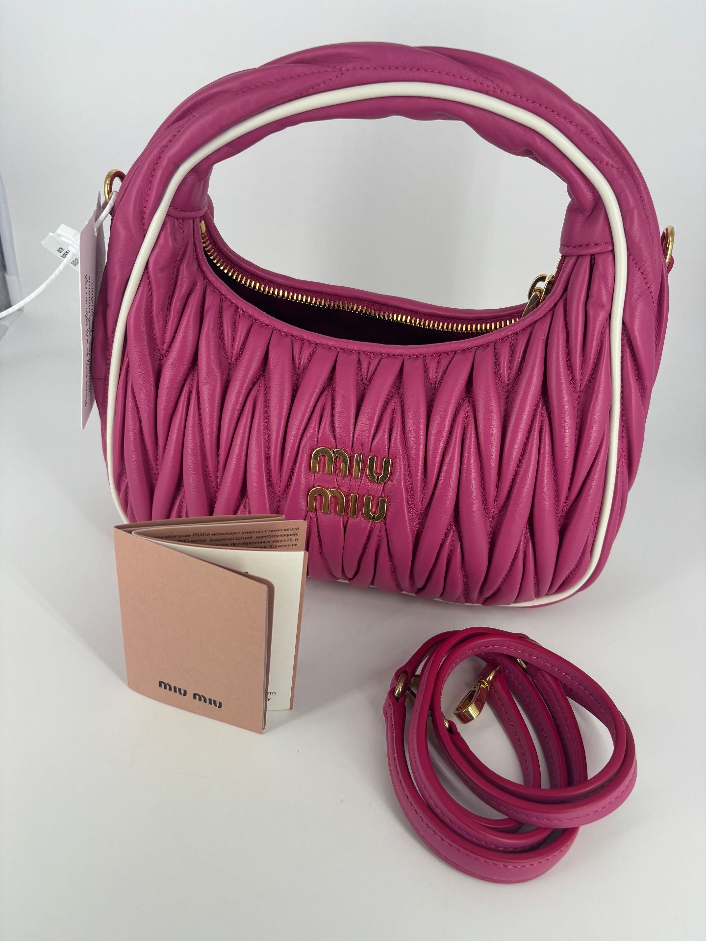Miu Miu Wander cuir nappa matelassé rose fuchsia bords ivoire – Neuf-14