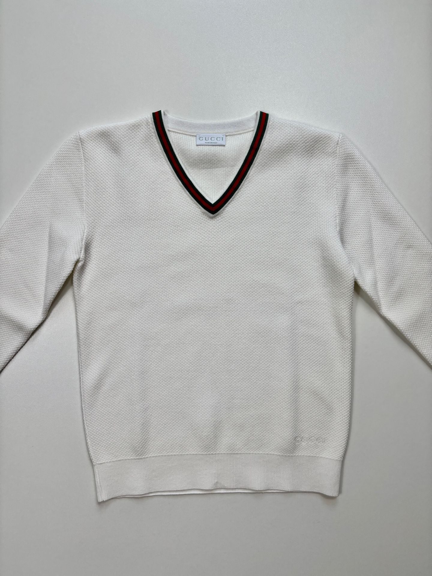 Pull Gucci garçon coton ivoire col V bande Web rouge et vert – Taille 10 ans-2