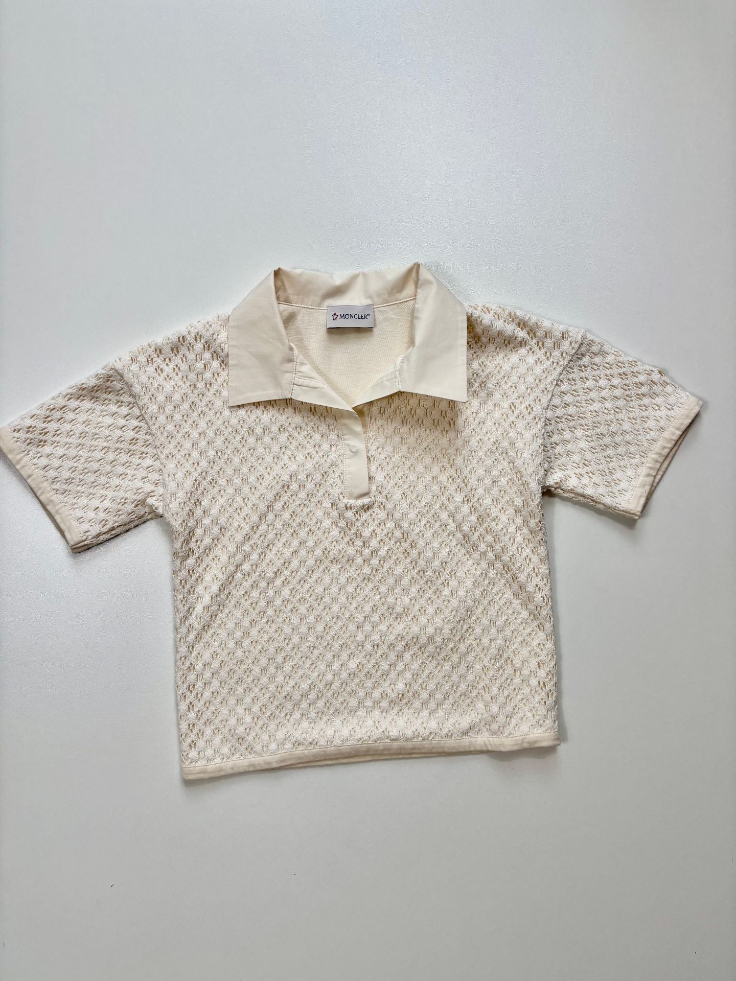 Polo Moncler enfant maille ajourée ivoire col tissé patch logo – Taille 10 ans-2