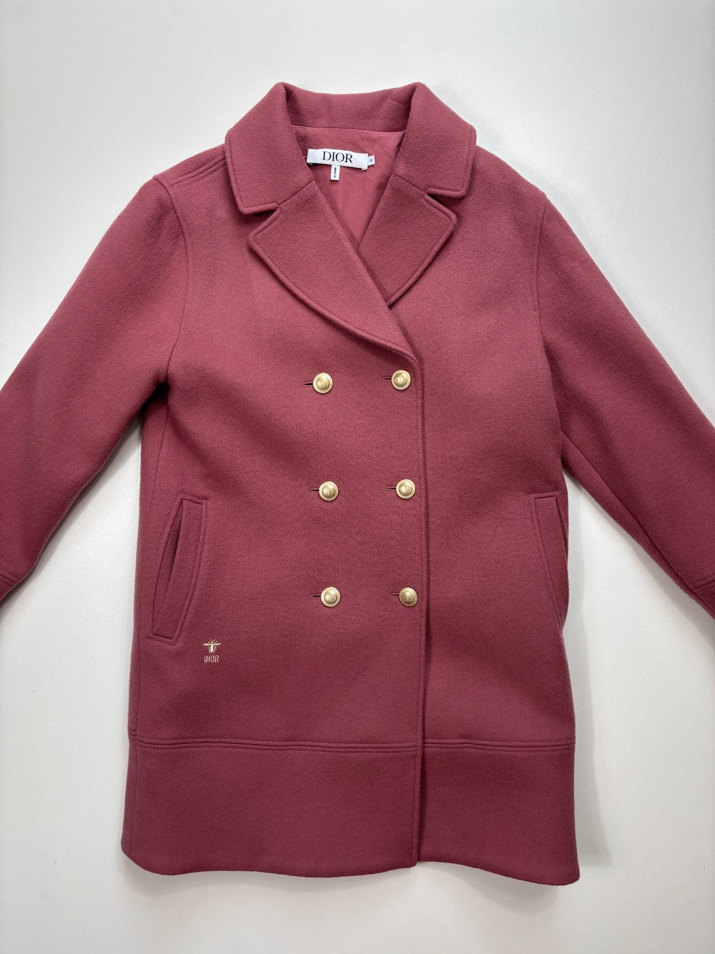 Ensemble Dior enfant caban croisé + jupe trapèze vieux rose – boutons dorés abeille – 12 ans-2