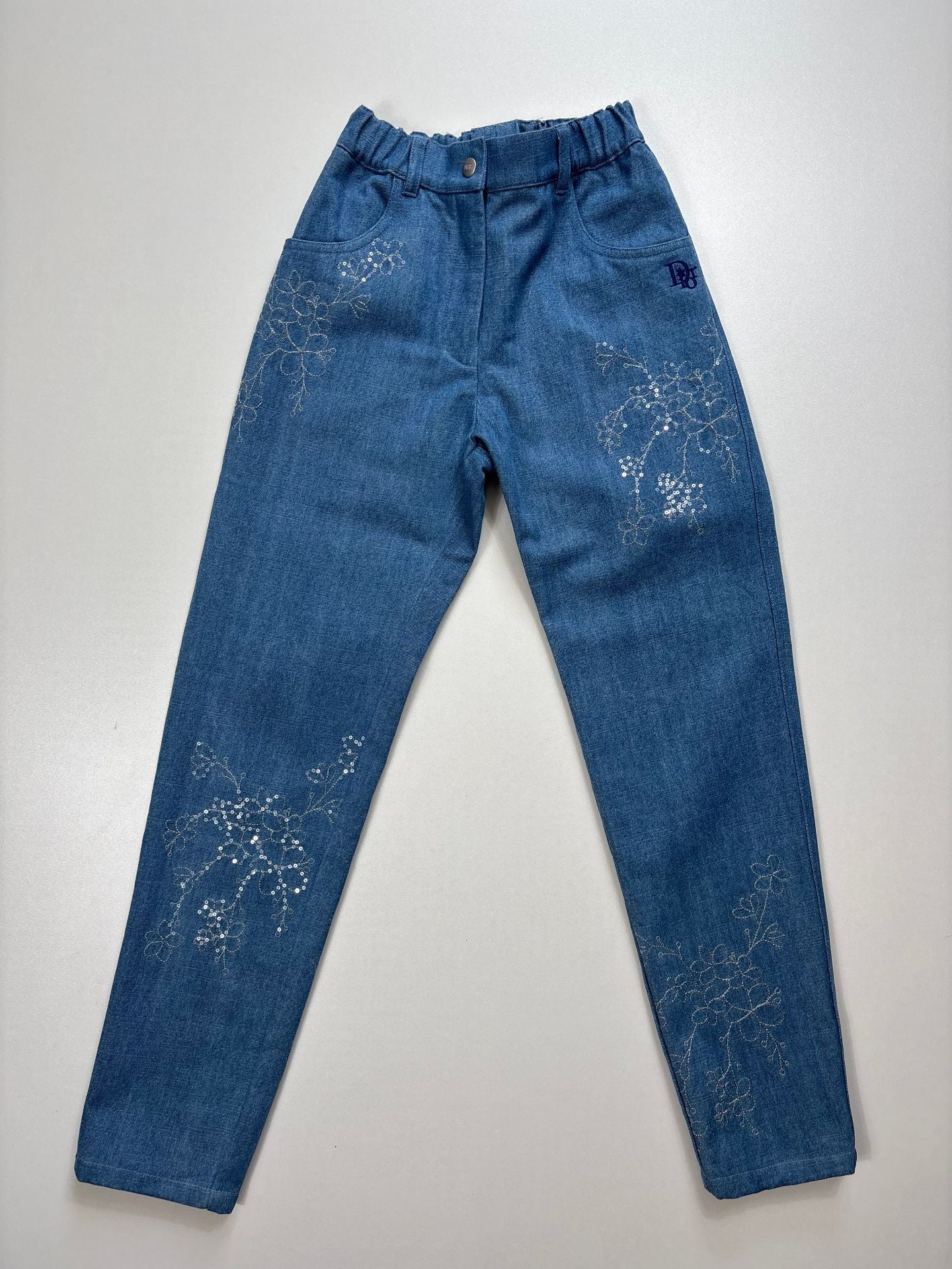 Ensemble jean Dior enfant broderies florales dorées – veste + pantalon – 10 ans-13