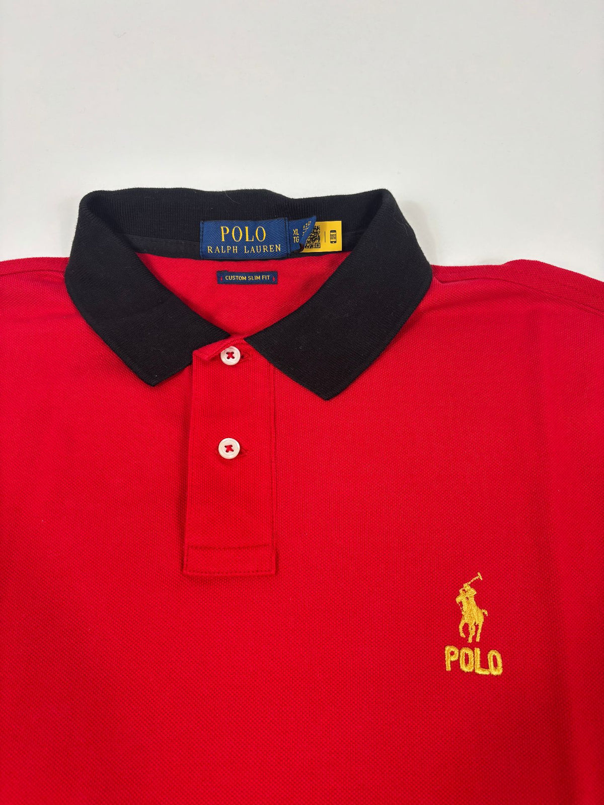 Polo Ralph Lauren rouge à col noir logo brodé doré – Taille XL-6