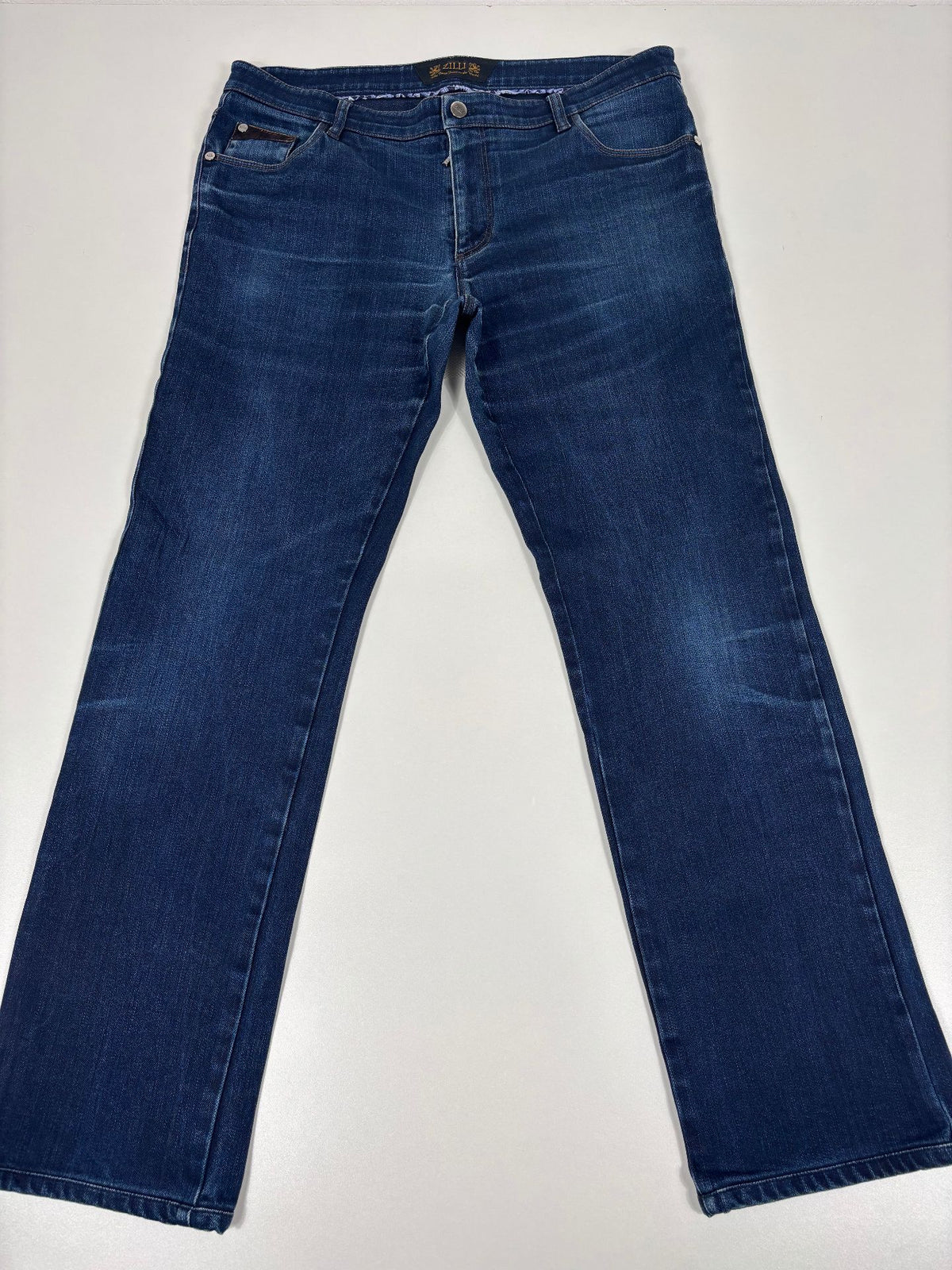 Jean Zilli en denim stretch bleu détails cuir marron – Taille 50-6