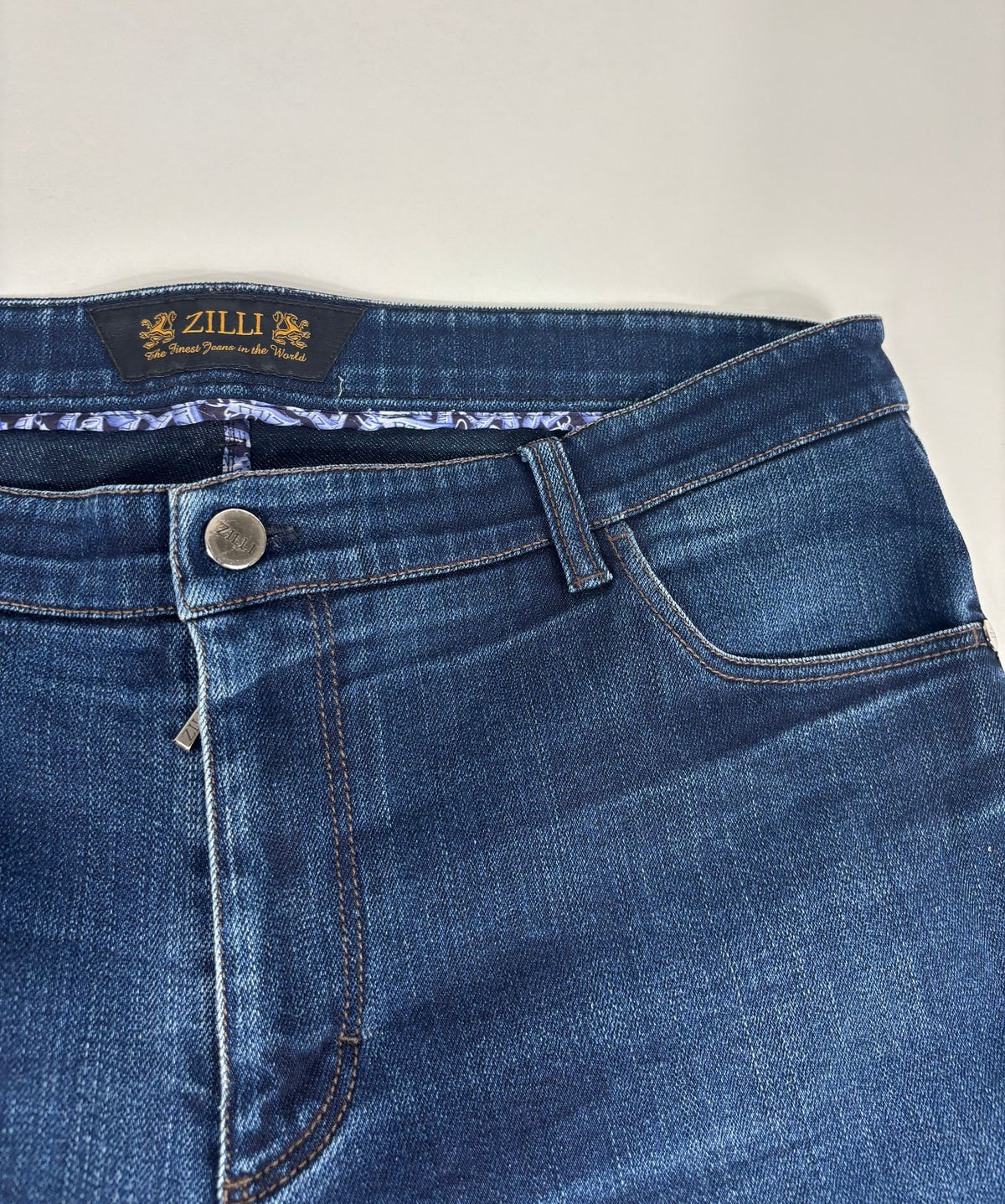 Jean Zilli en denim stretch bleu détails cuir marron – Taille 50-4
