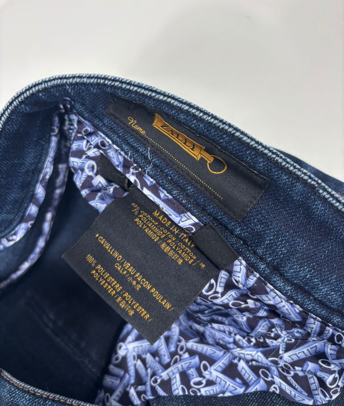 Jean Zilli en denim stretch bleu détails cuir marron – Taille 50-5