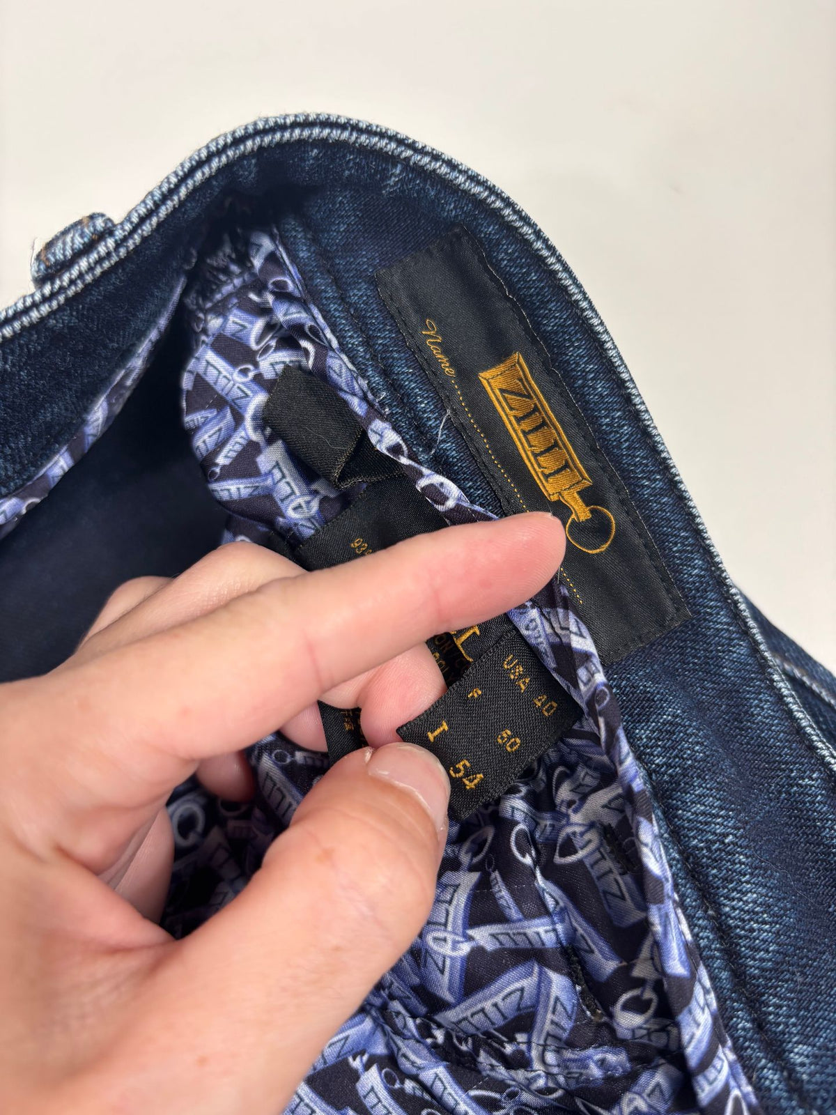Jean Zilli en denim stretch bleu détails cuir marron – Taille 50-7