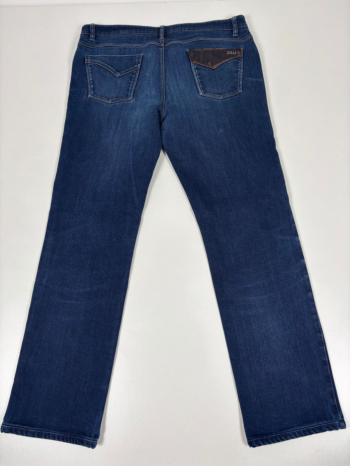 Jean Zilli en denim stretch bleu détails cuir marron – Taille 50-8