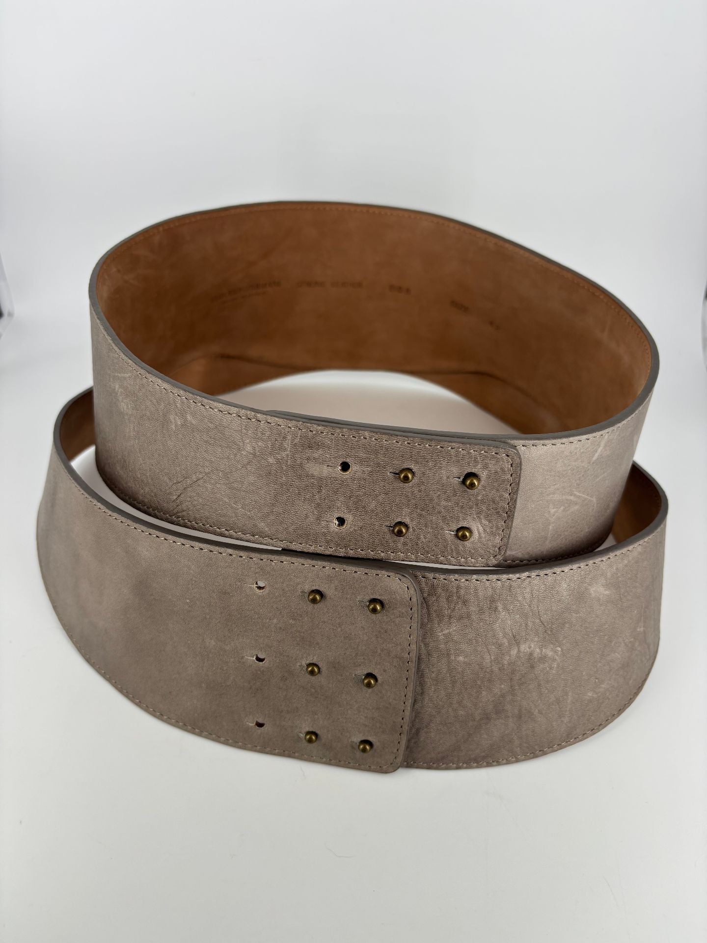 Ceinture Emporio Armani cuir métallisé taupe bronze large taille haute – T.42