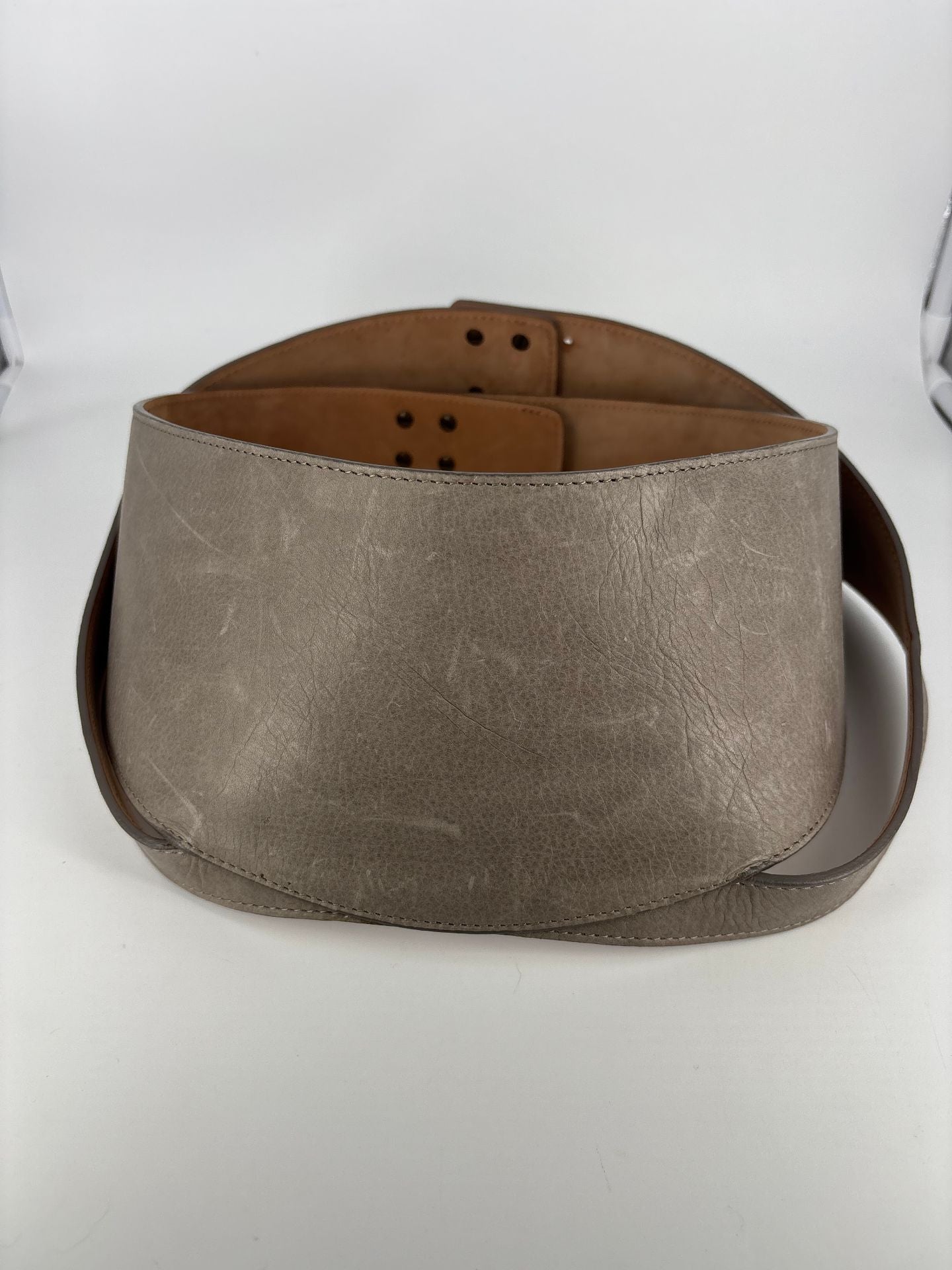 Ceinture Emporio Armani cuir métallisé taupe bronze large taille haute – T.42-4