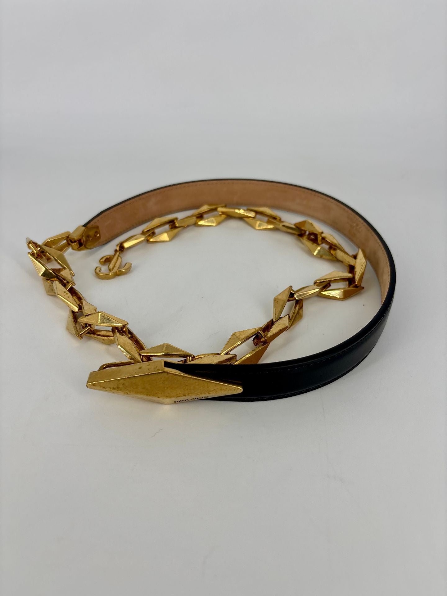 Ceinture Jimmy Choo chaîne dorée maillons diamant cuir noir – M/L-3