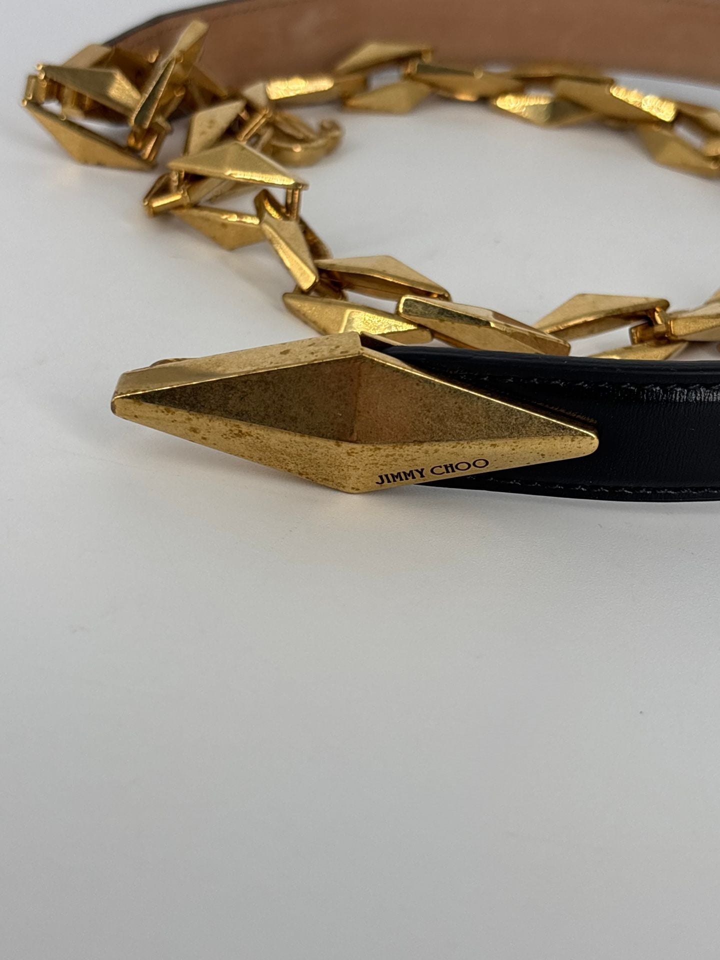 Ceinture Jimmy Choo chaîne dorée maillons diamant cuir noir – M/L-2