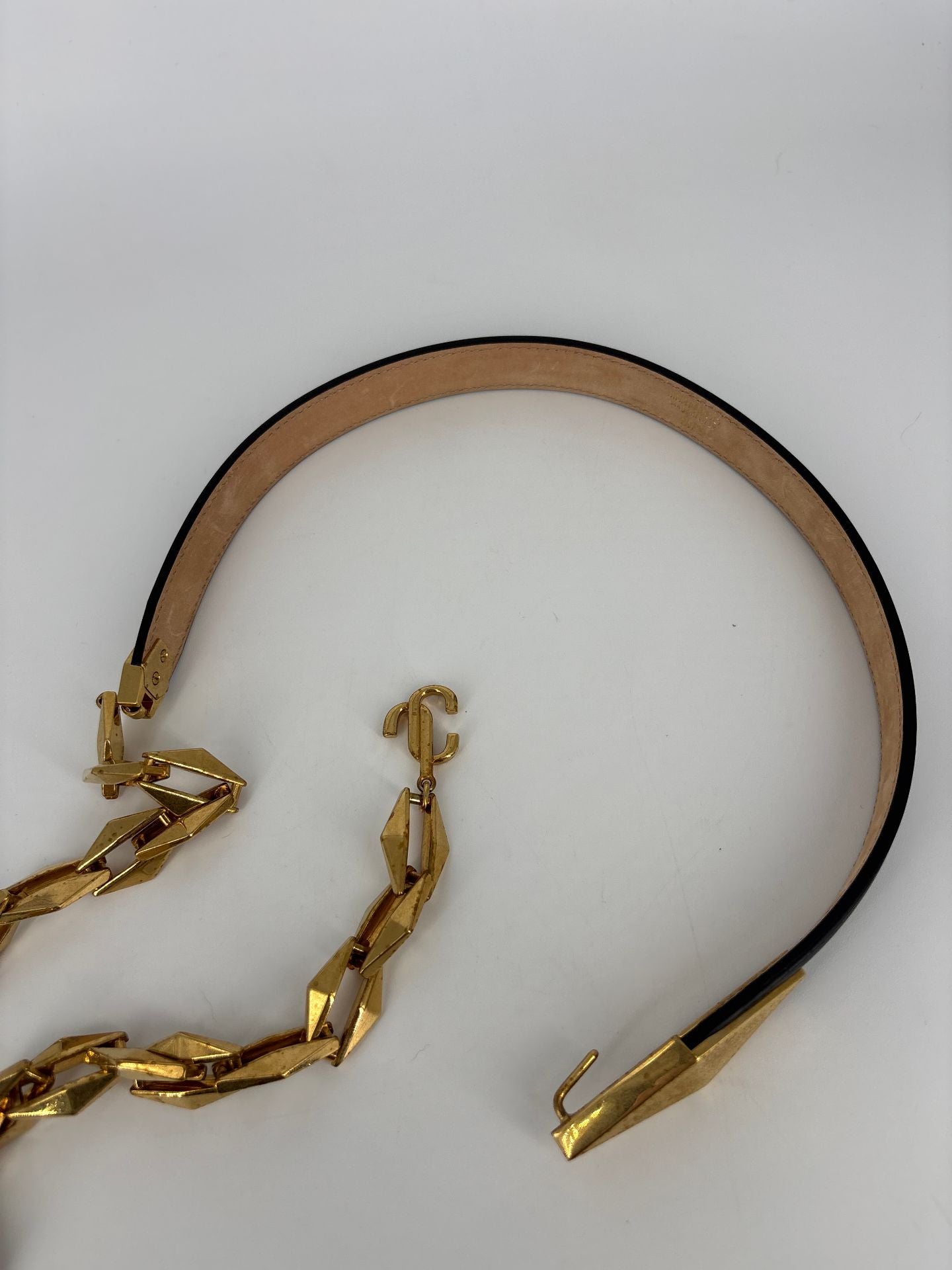 Ceinture Jimmy Choo chaîne dorée maillons diamant cuir noir – M/L-4