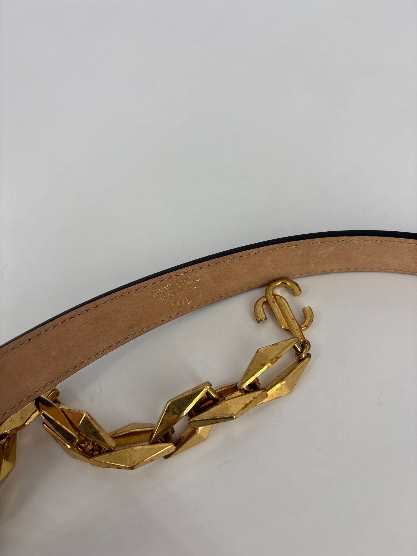 Ceinture Jimmy Choo chaîne dorée maillons diamant cuir noir – M/L-5