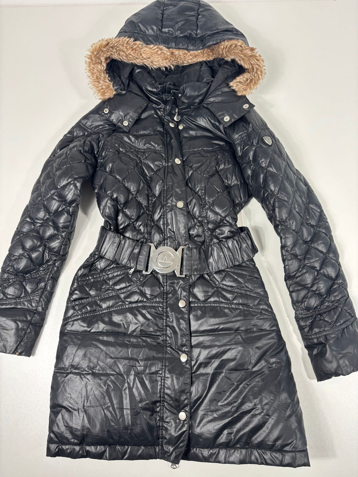 Doudoune longue EA7 Emporio Armani noire matelassée ceinturée – Taille XS-6