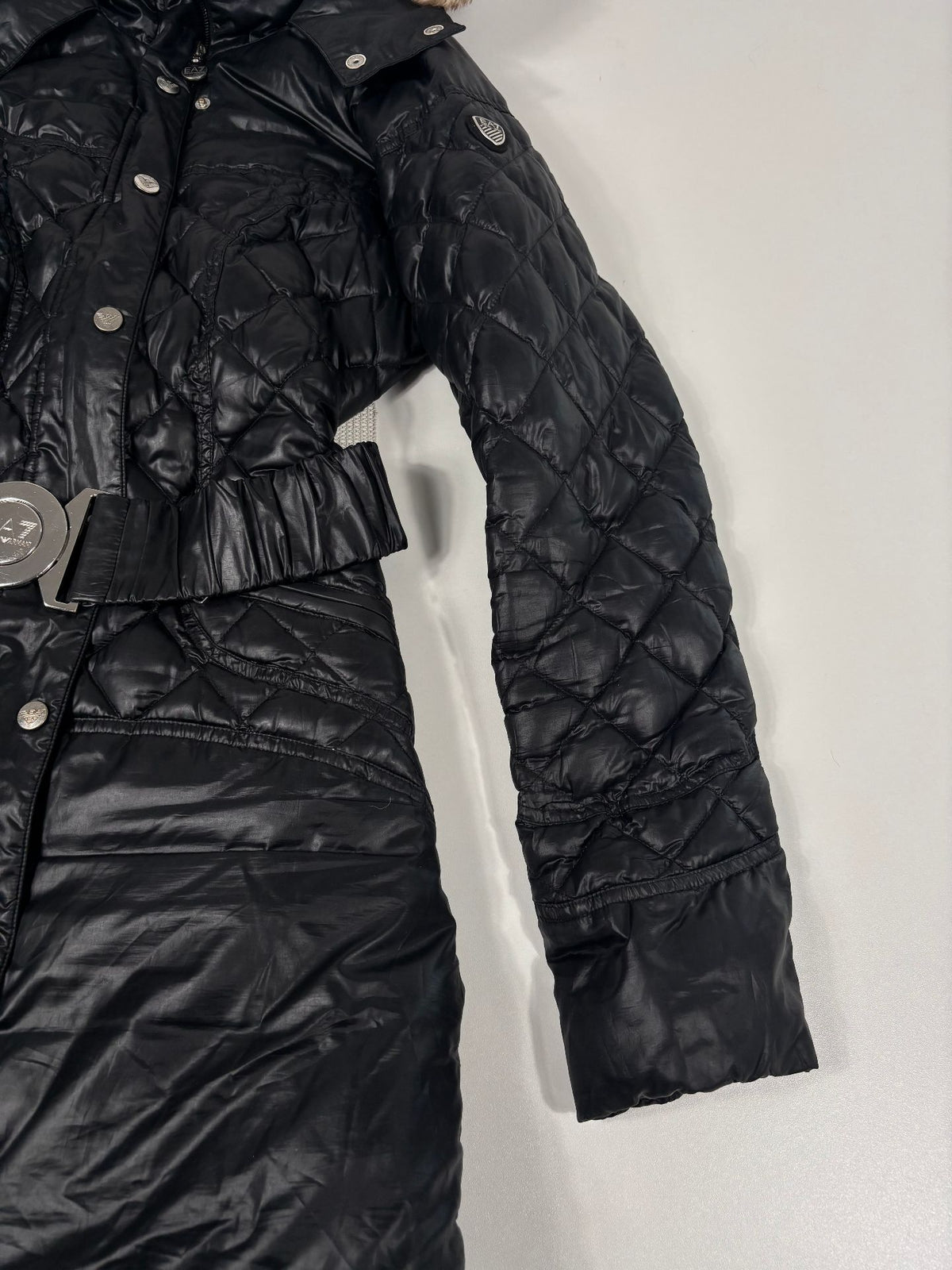 Doudoune longue EA7 Emporio Armani noire matelassée ceinturée – Taille XS-3