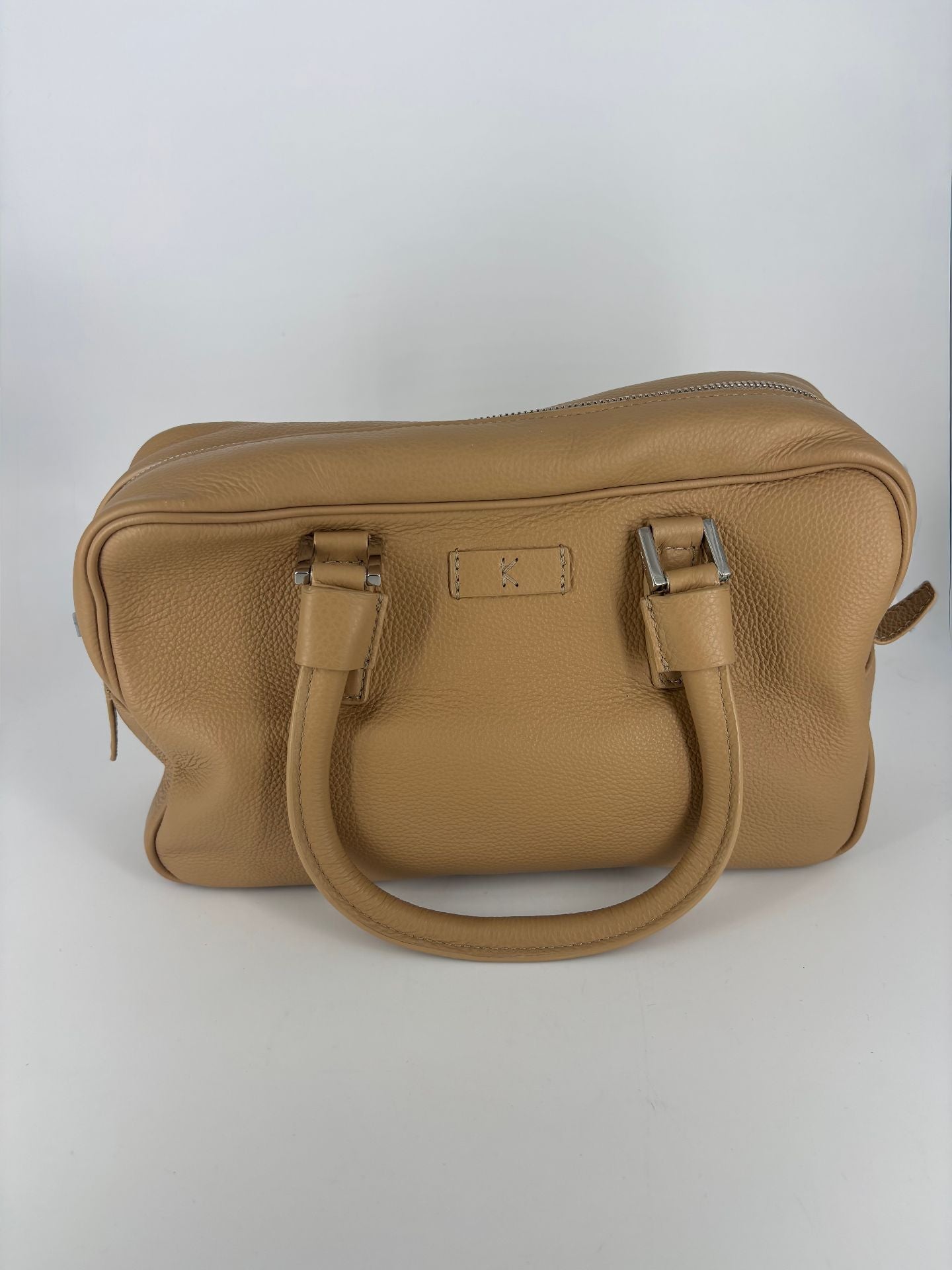 Sac Kiton cuir grainé beige sable format bowling double poignée – 29 × 16 cm-4