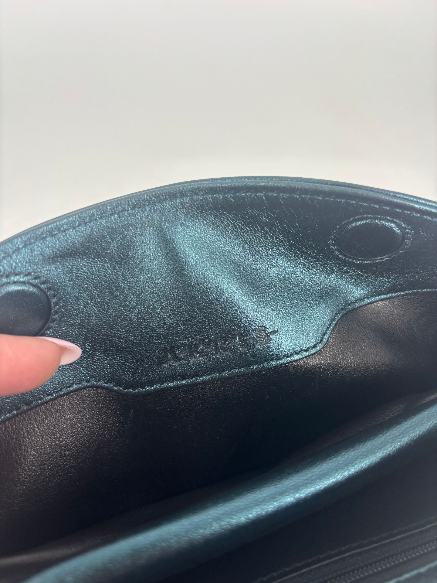 Pochette Akris cuir grainé bleu-vert canard rabat – 20x10 cm-8