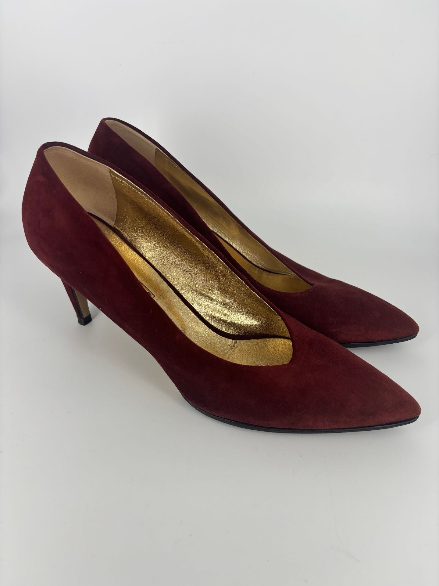 Escarpins Walter Steiger daim bordeaux bout pointu talon fin doublure cuir doré – T.41-2