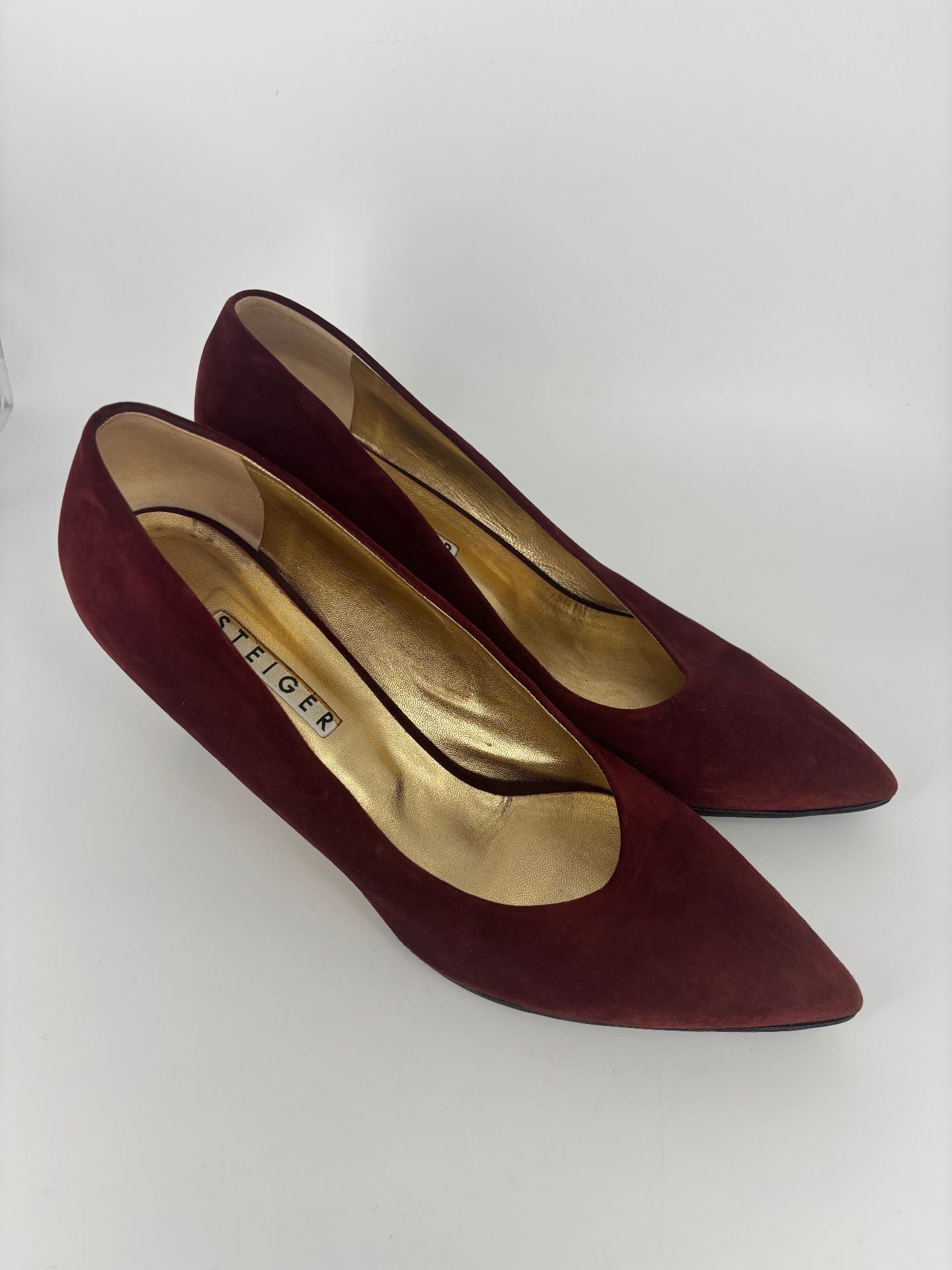 Escarpins Walter Steiger daim bordeaux bout pointu talon fin doublure cuir doré – T.41-3