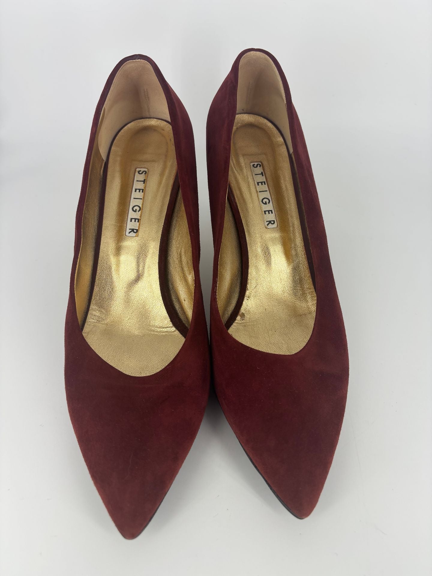 Escarpins Walter Steiger daim bordeaux bout pointu talon fin doublure cuir doré – T.41-4