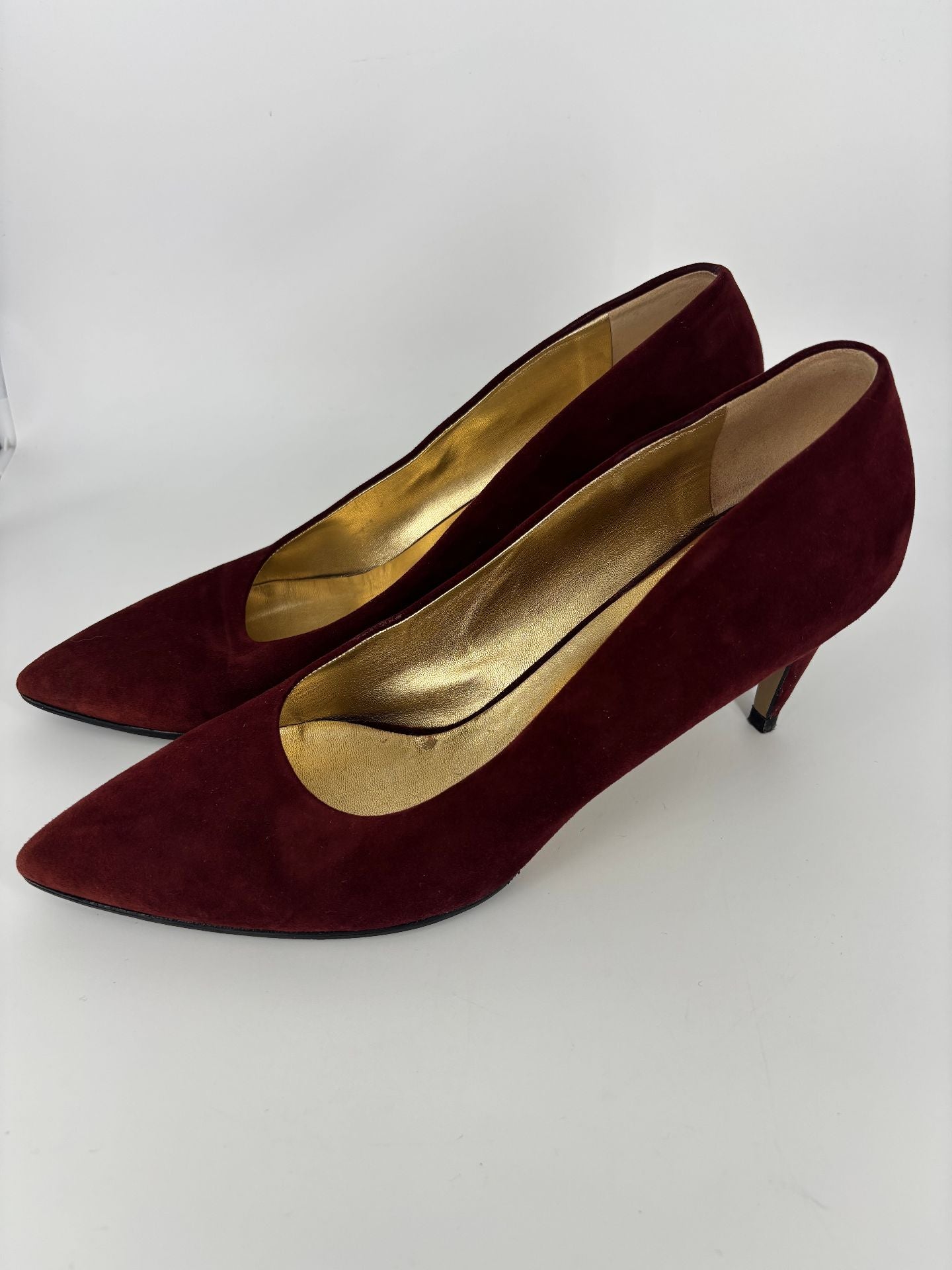Escarpins Walter Steiger daim bordeaux bout pointu talon fin doublure cuir doré – T.41-6