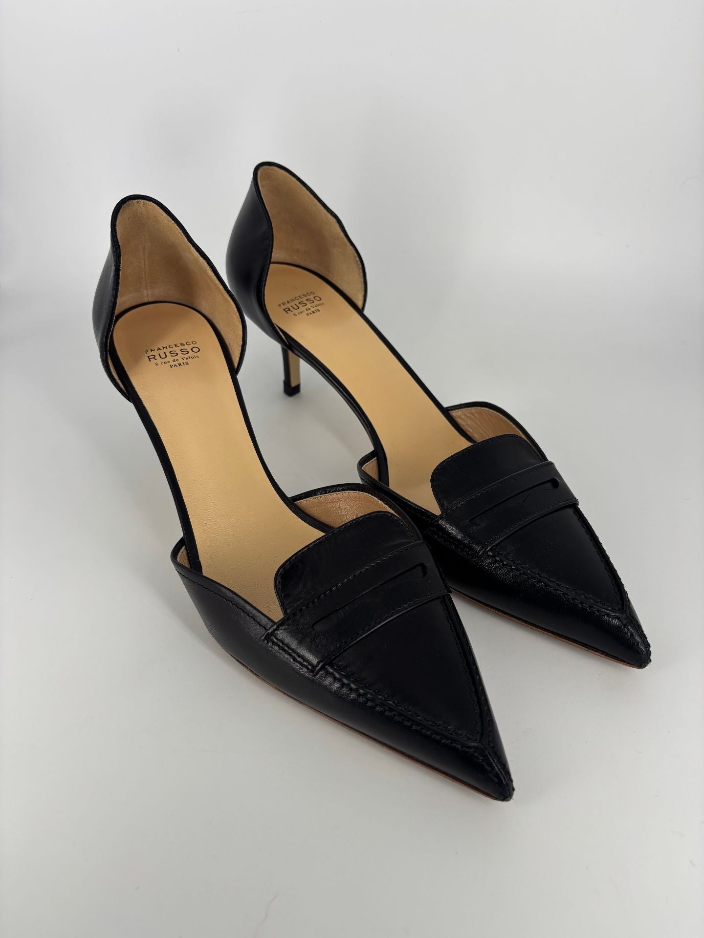 Escarpins Francesco Russo Dorsay cuir veau noir bout pointu entaille penny – T.41,5-2