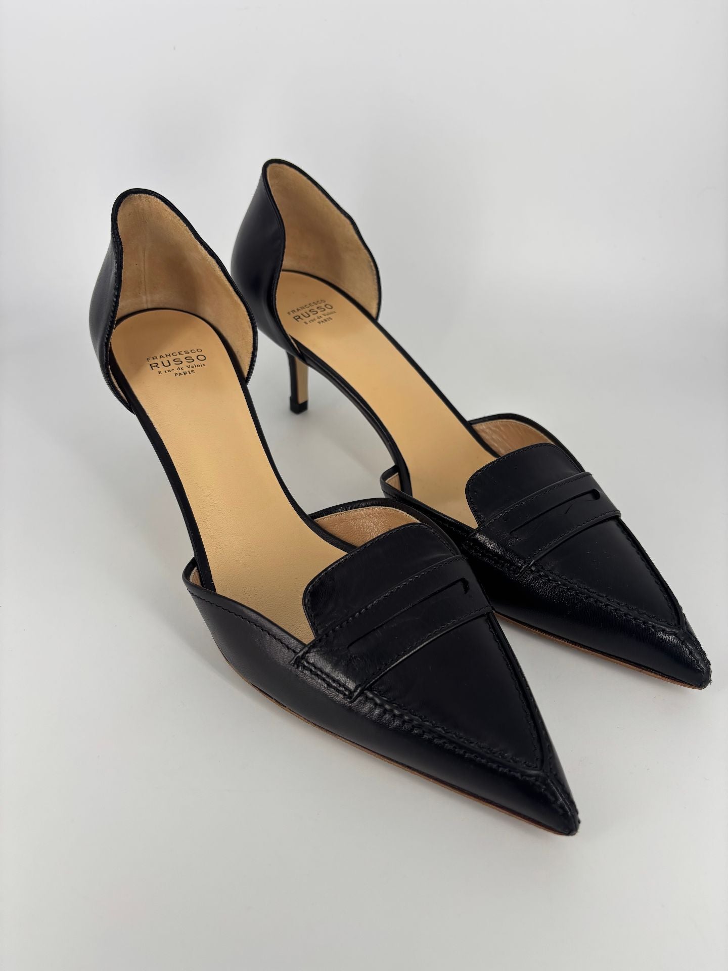 Escarpins Francesco Russo Dorsay cuir veau noir bout pointu entaille penny – T.41,5-3
