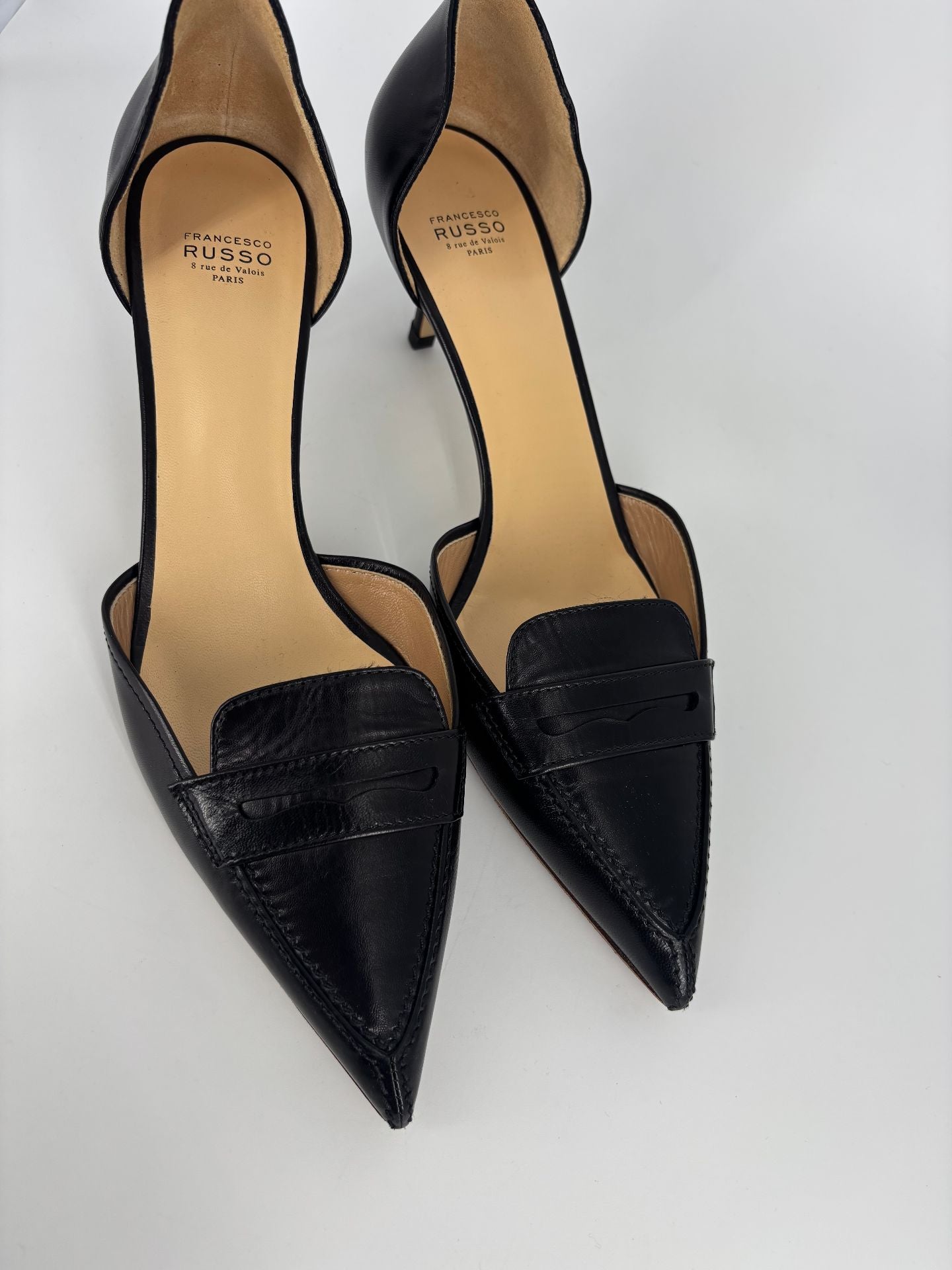 Escarpins Francesco Russo Dorsay cuir veau noir bout pointu entaille penny – T.41,5-4