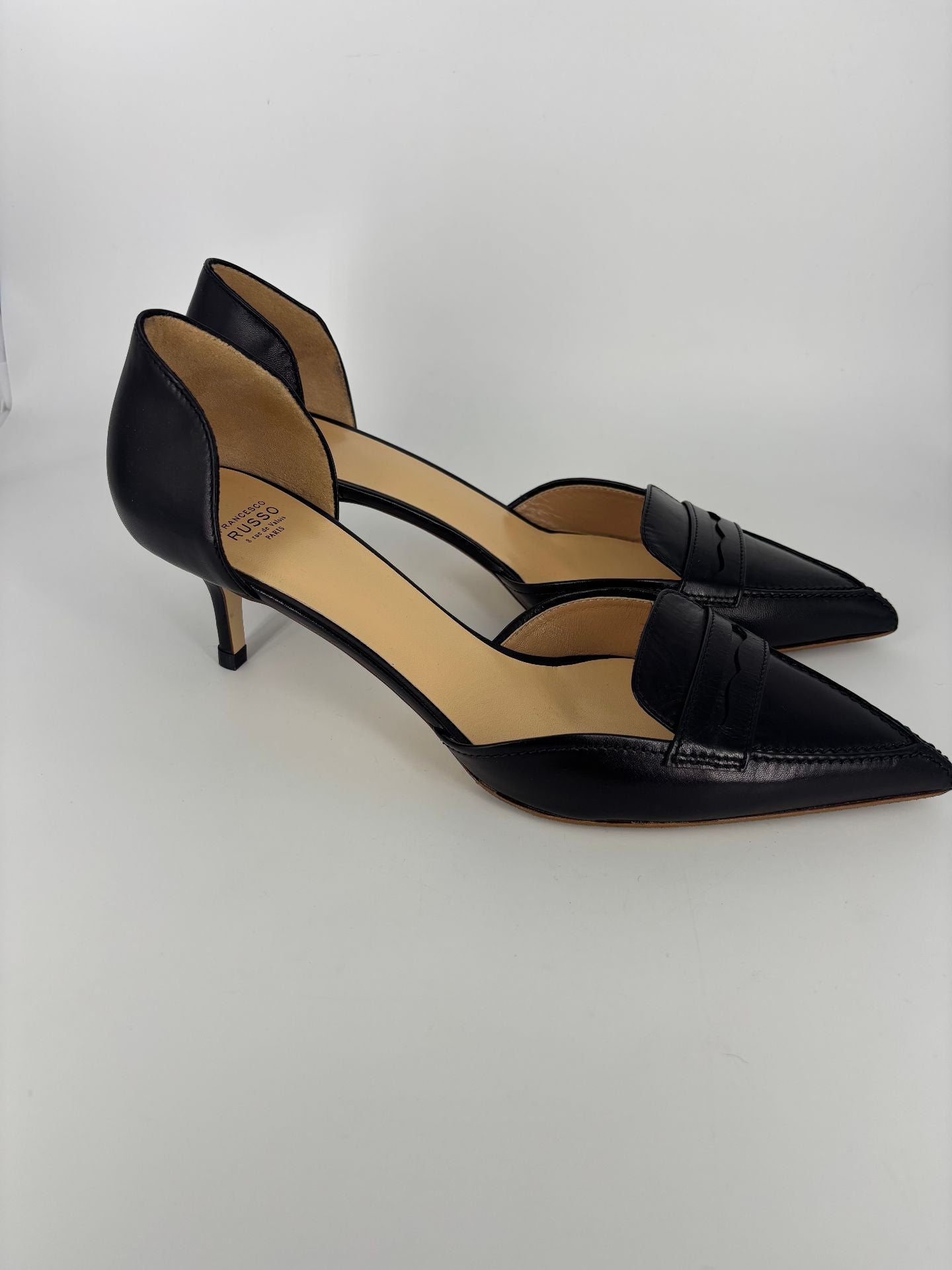 Escarpins Francesco Russo Dorsay cuir veau noir bout pointu entaille penny – T.41,5-5