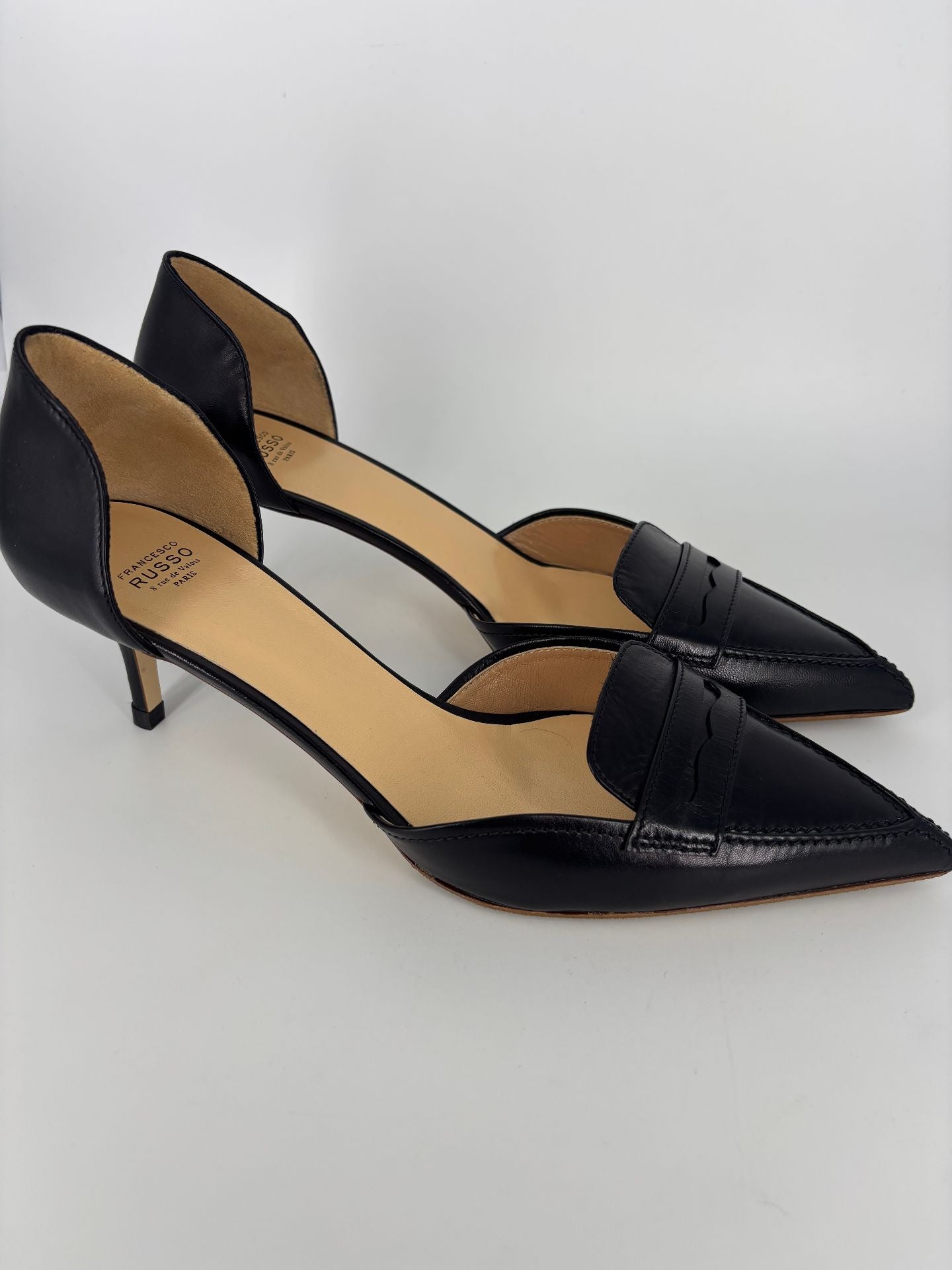 Escarpins Francesco Russo Dorsay cuir veau noir bout pointu entaille penny – T.41,5-6