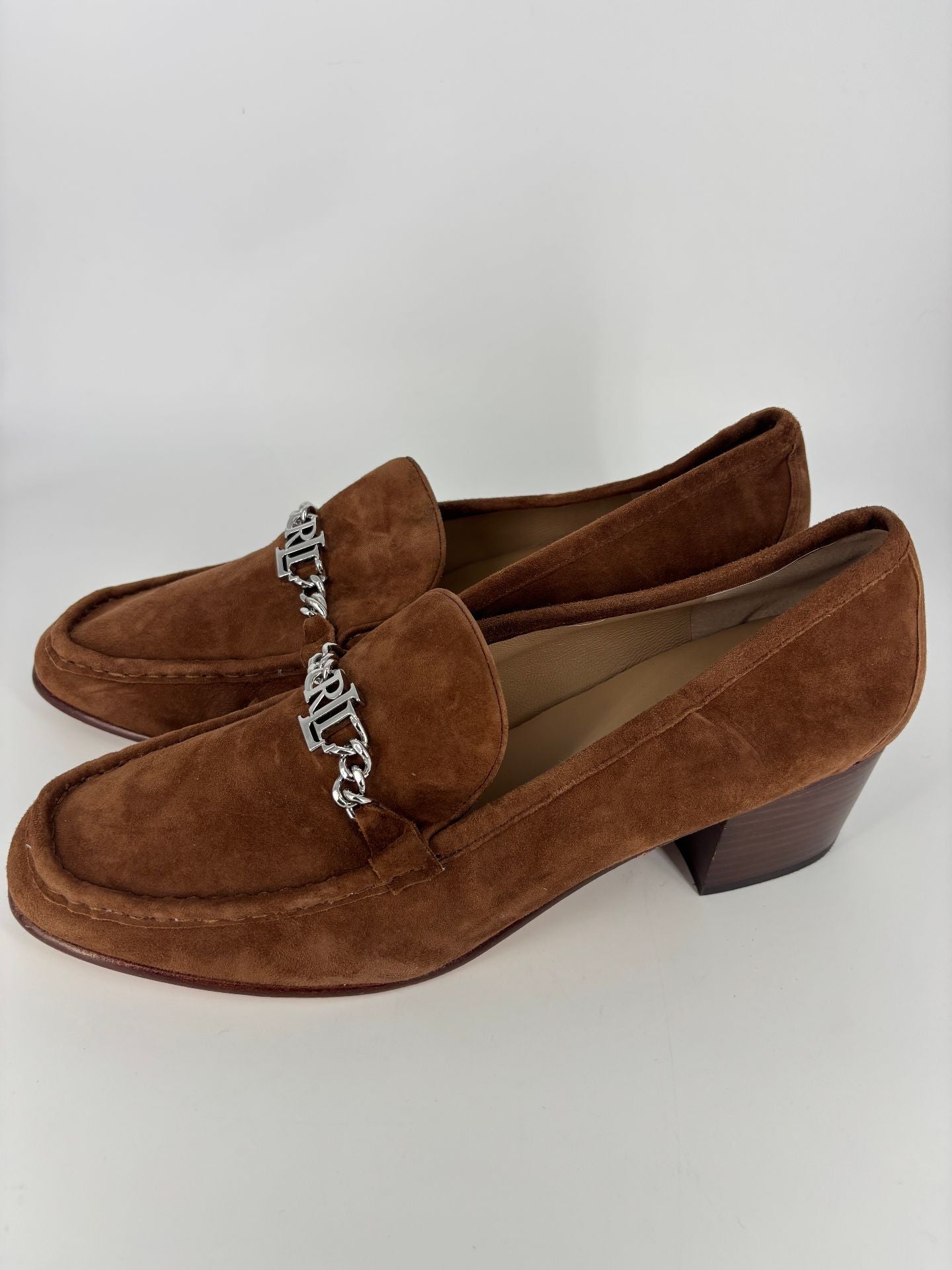 Mocassins Lauren Ralph Lauren daim camel chaîne argentée – Taille 42-2