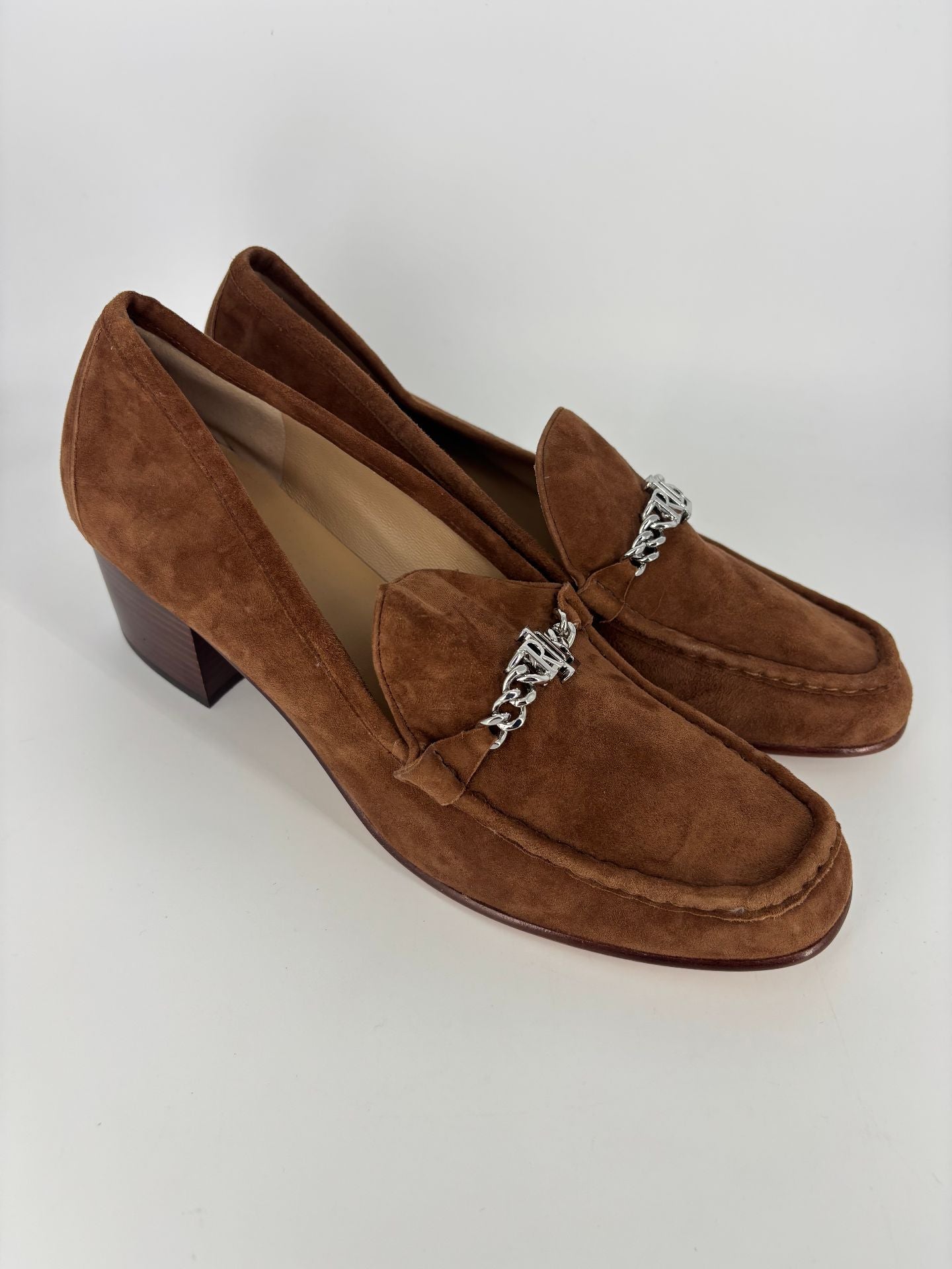 Mocassins Lauren Ralph Lauren daim camel chaîne argentée – Taille 42-6