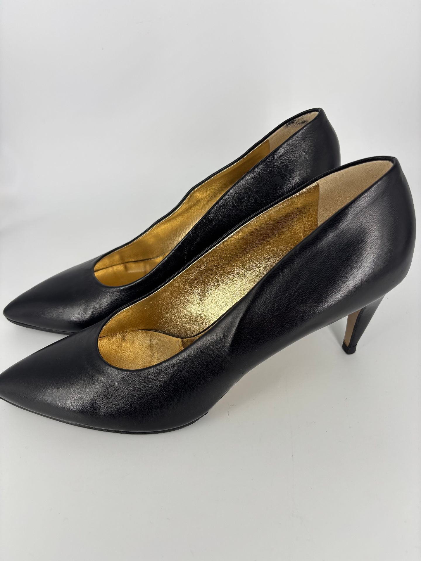 Escarpins Steiger cuir véritable noir bout pointu talon fin doublure cuir doré – T.41-4