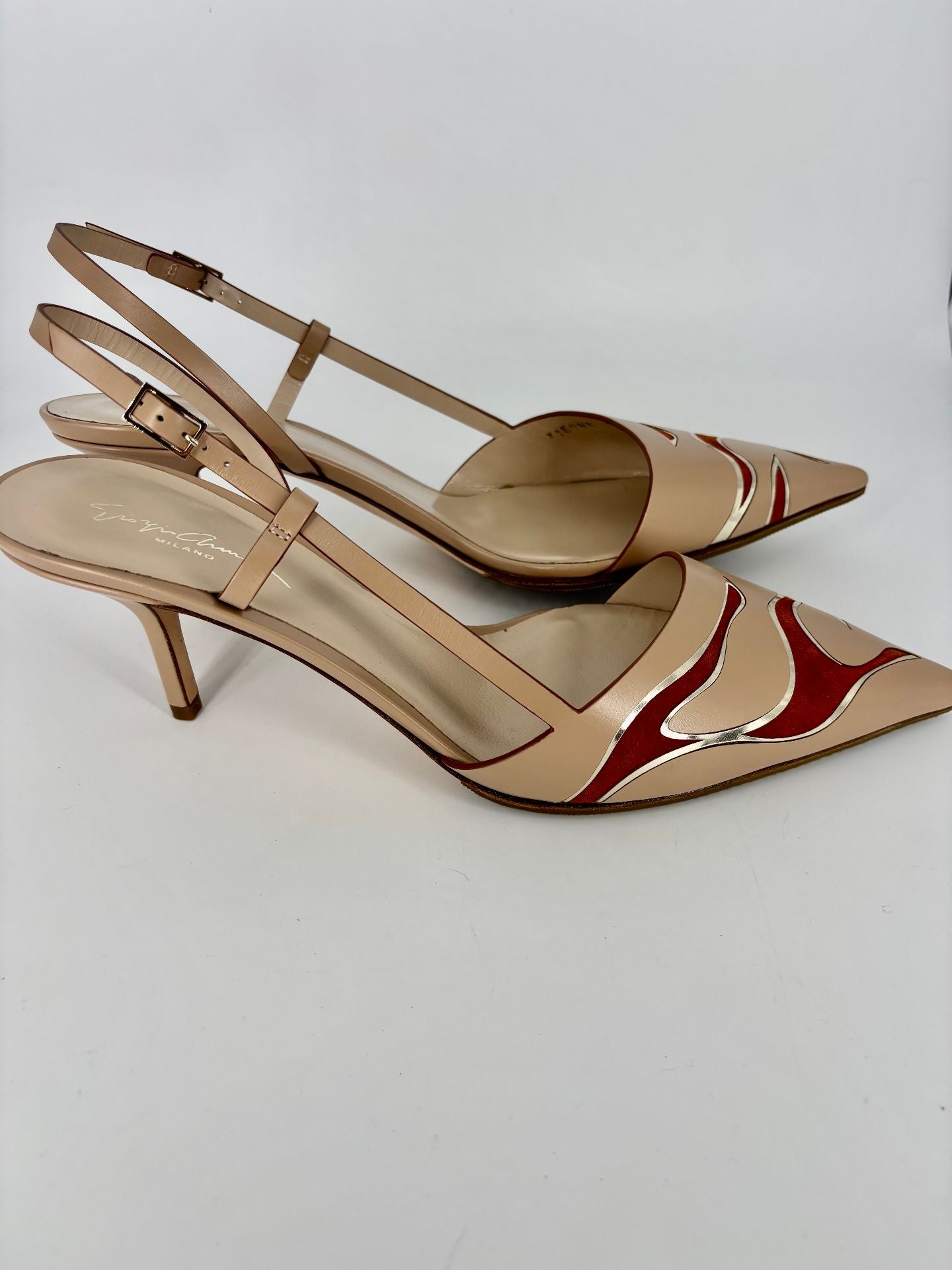Escarpins Giorgio Armani cuir beige motif animalier daim bordures miroir stiletto – T.42-6