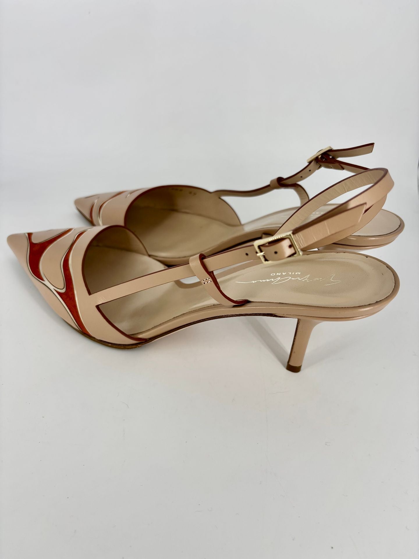 Escarpins Giorgio Armani cuir beige motif animalier daim bordures miroir stiletto – T.42-8