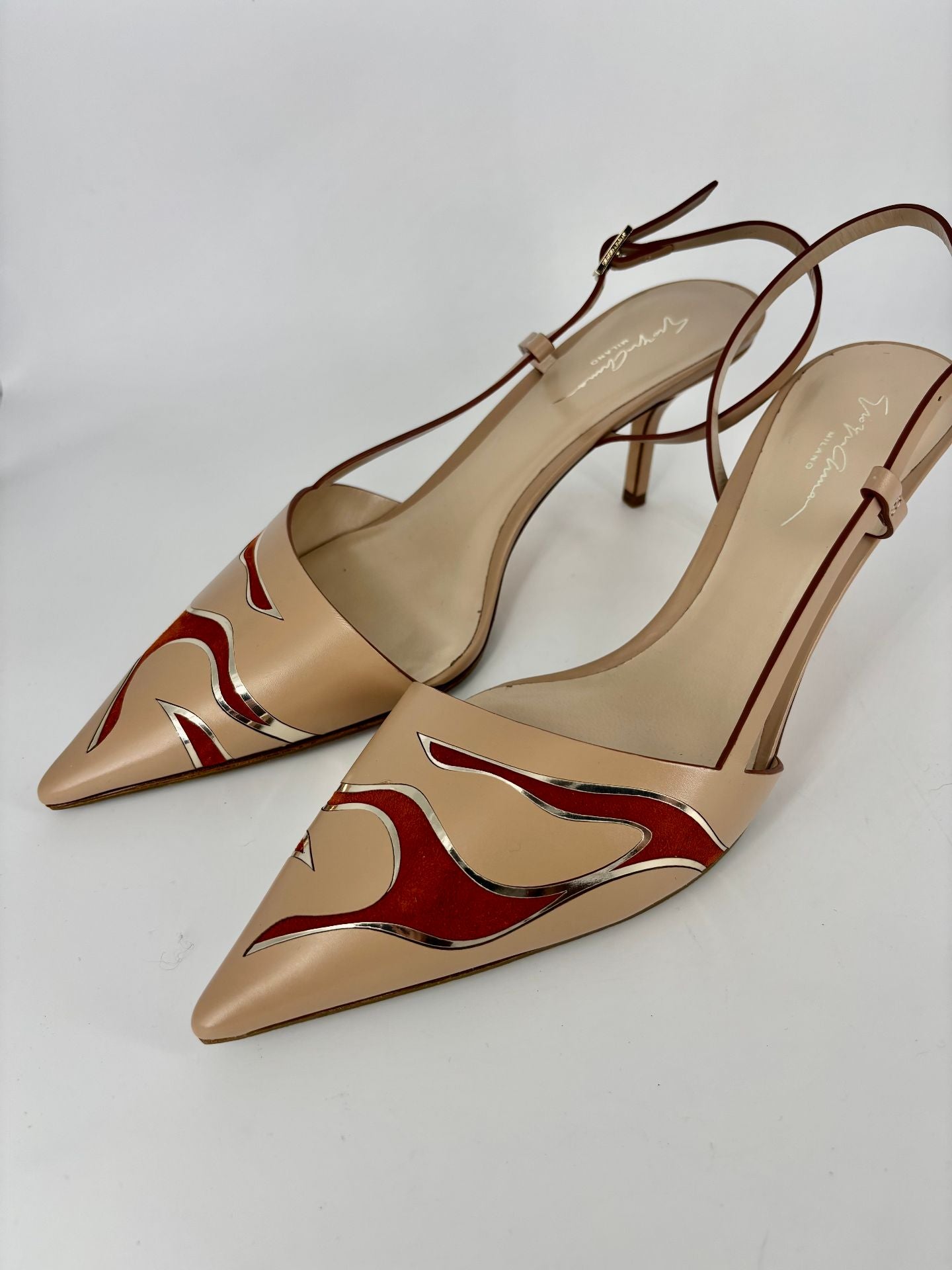 Escarpins Giorgio Armani cuir beige motif animalier daim bordures miroir stiletto – T.42-9