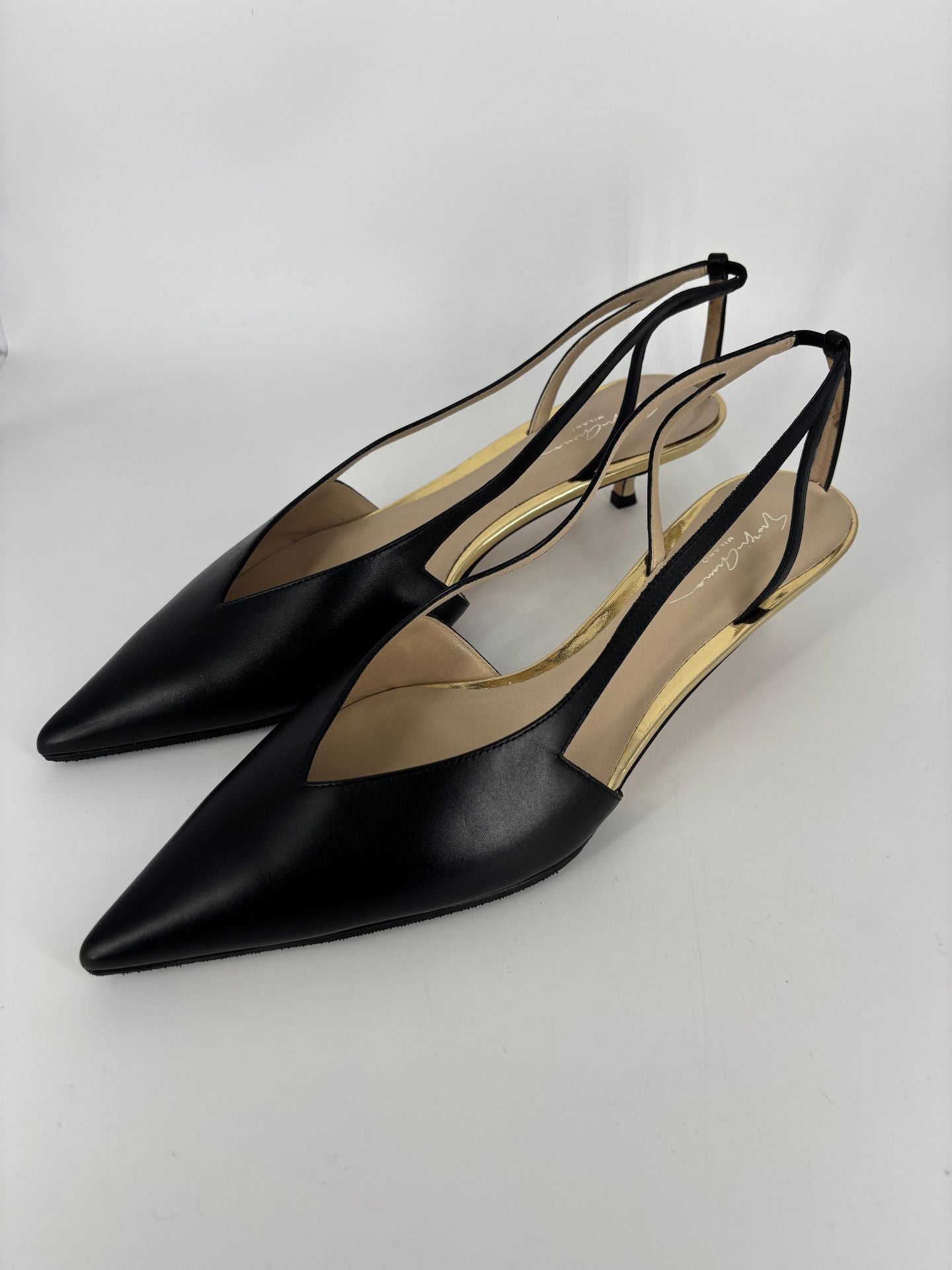 Escarpins Giorgio Armani cuir veau noir empiècements miroir argenté découpes – T.42-4