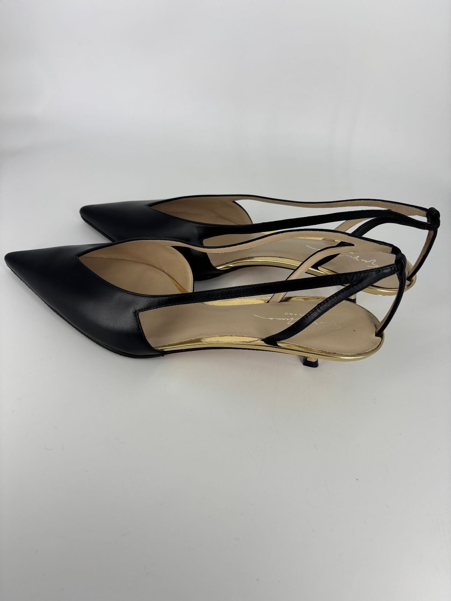 Escarpins Giorgio Armani cuir veau noir empiècements miroir argenté découpes – T.42-6