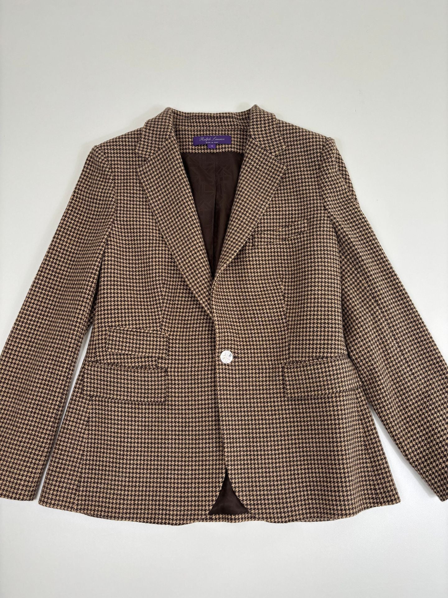 Blazer Ralph Lauren Purple Label Prince-de-Galles camel brun soie lin laine – T.44-4