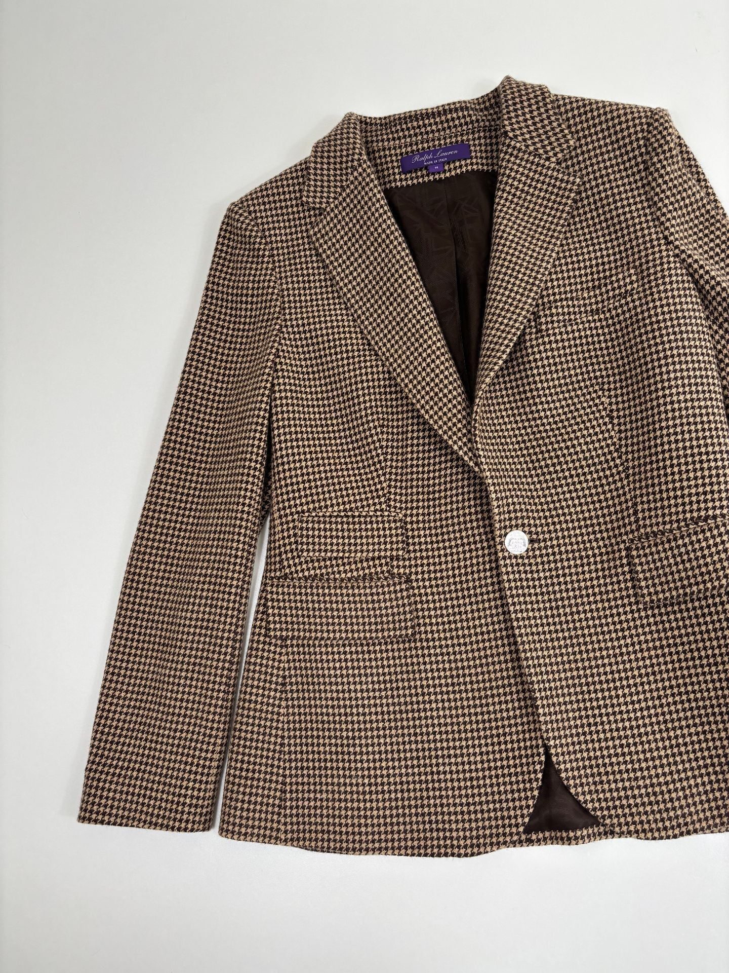 Blazer Ralph Lauren Purple Label Prince-de-Galles camel brun soie lin laine – T.44-2