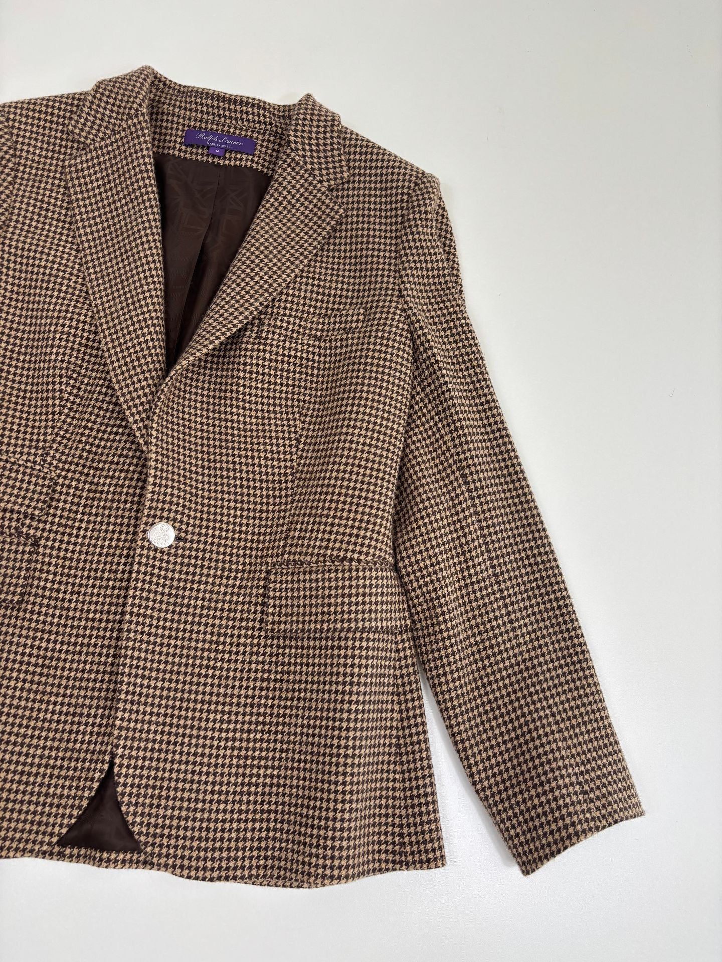 Blazer Ralph Lauren Purple Label Prince-de-Galles camel brun soie lin laine – T.44-3