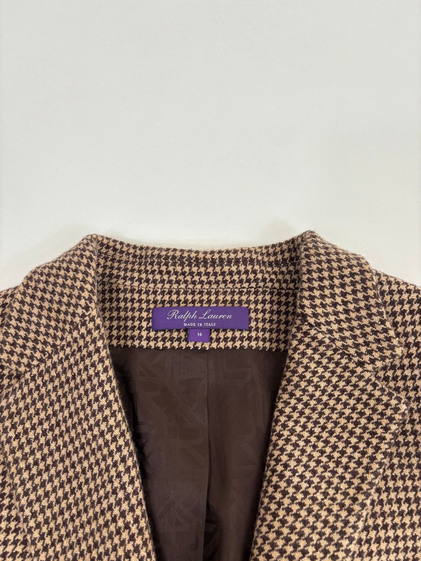 Blazer Ralph Lauren Purple Label Prince-de-Galles camel brun soie lin laine – T.44-6