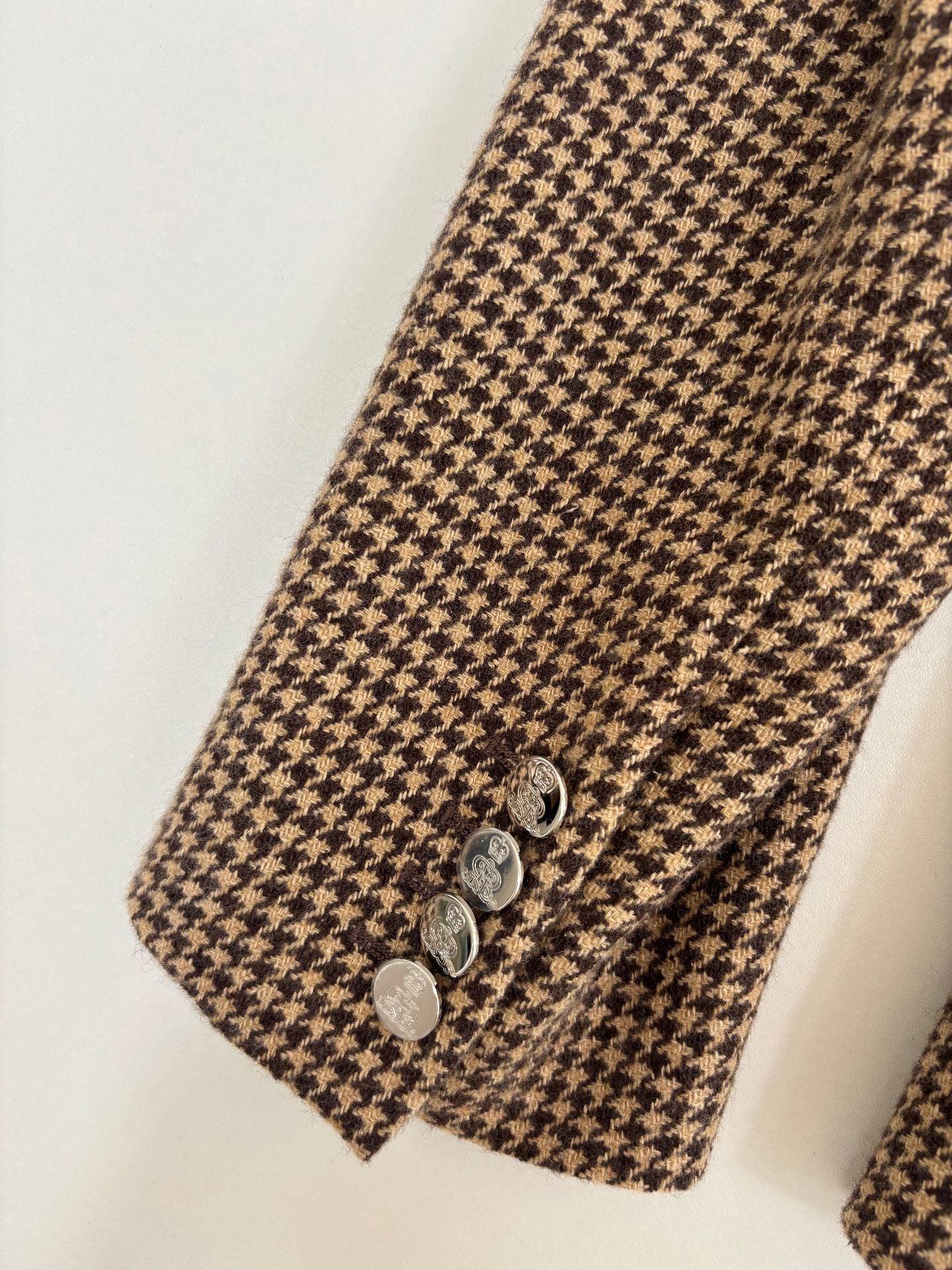 Blazer Ralph Lauren Purple Label Prince-de-Galles camel brun soie lin laine – T.44-9