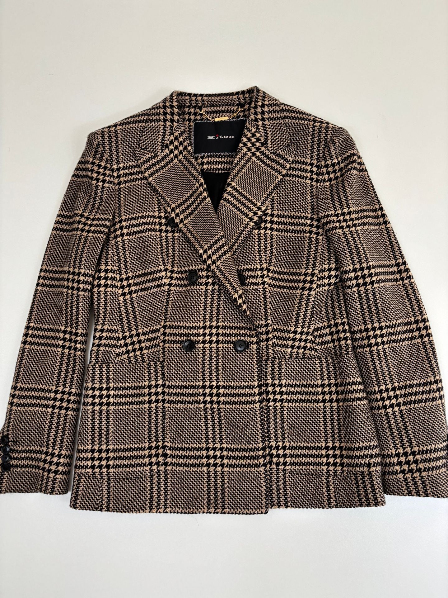 Blazer Kiton double-boutonnage soie cachemire Glen Plaid camel noir boutons corne – T.48-5