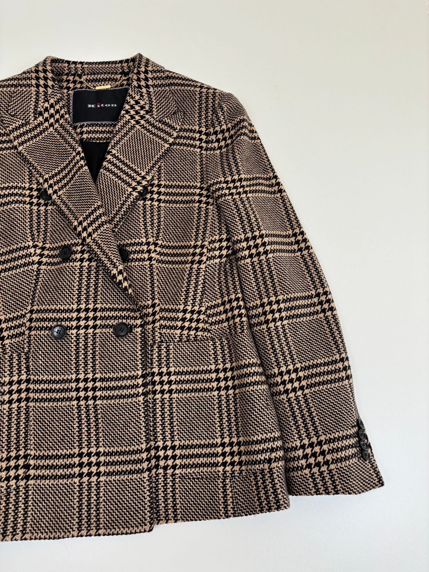 Blazer Kiton double-boutonnage soie cachemire Glen Plaid camel noir boutons corne – T.48-2
