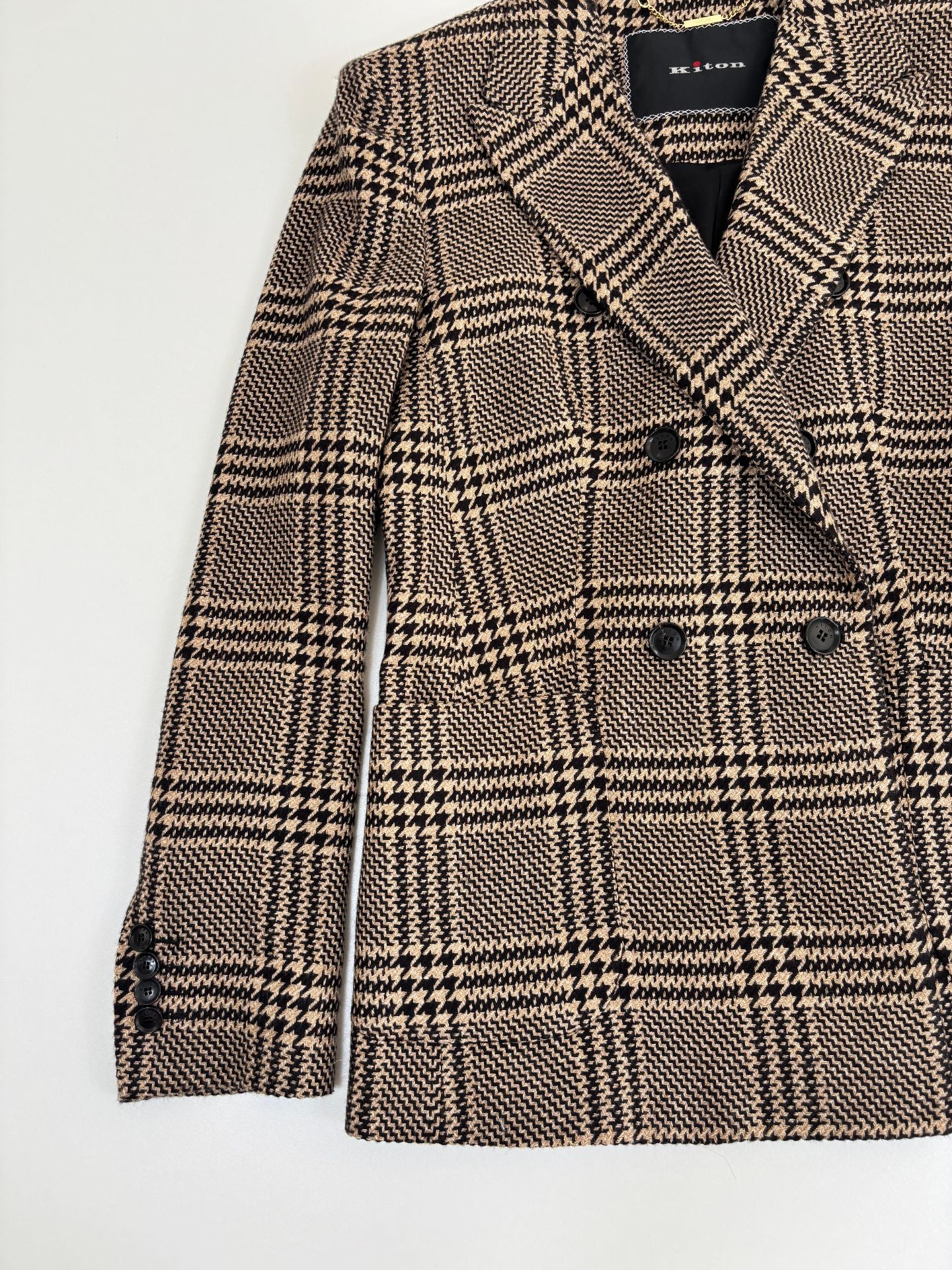 Blazer Kiton double-boutonnage soie cachemire Glen Plaid camel noir boutons corne – T.48-4