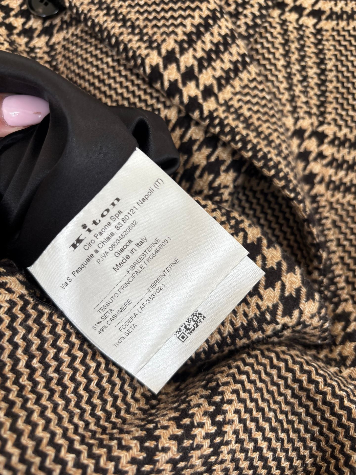 Blazer Kiton double-boutonnage soie cachemire Glen Plaid camel noir boutons corne – T.48-9