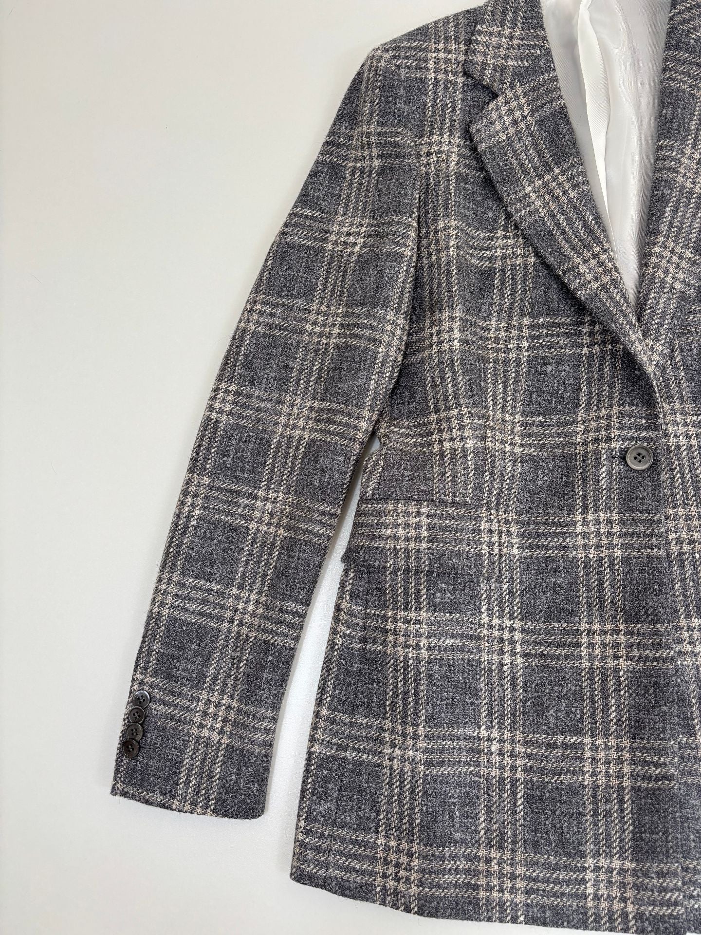 Blazer Crisoni Monte-Carlo baby alpaca Ferla carreaux gris écru revers cranté – T.42-3