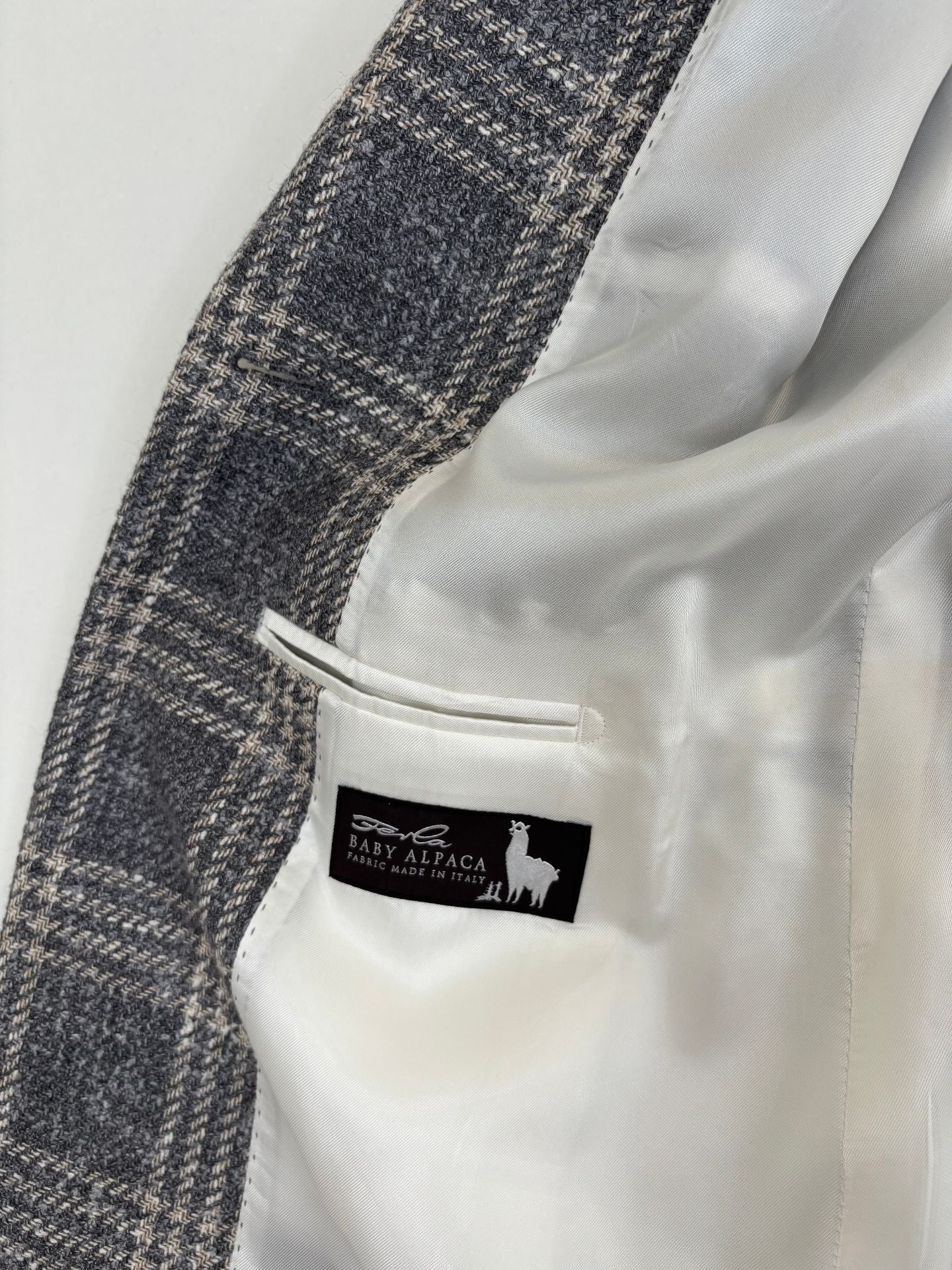 Blazer Crisoni Monte-Carlo baby alpaca Ferla carreaux gris écru revers cranté – T.42-7